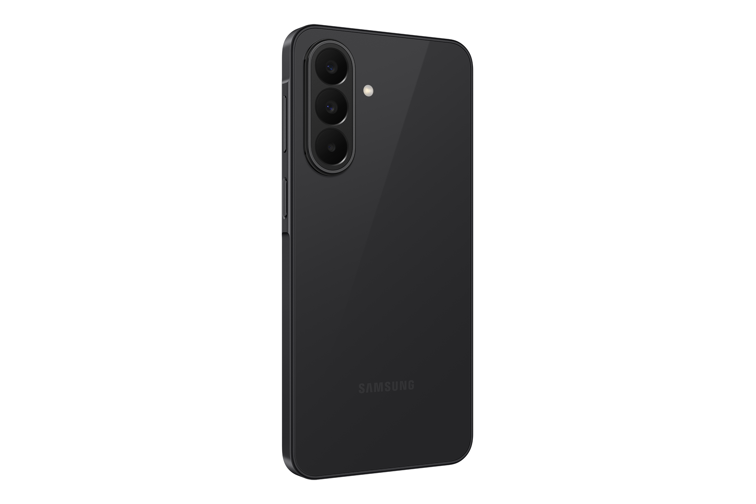 Dunkelgraues Smartphone mit drei Kameralinsen und Blitz auf der Rückseite.