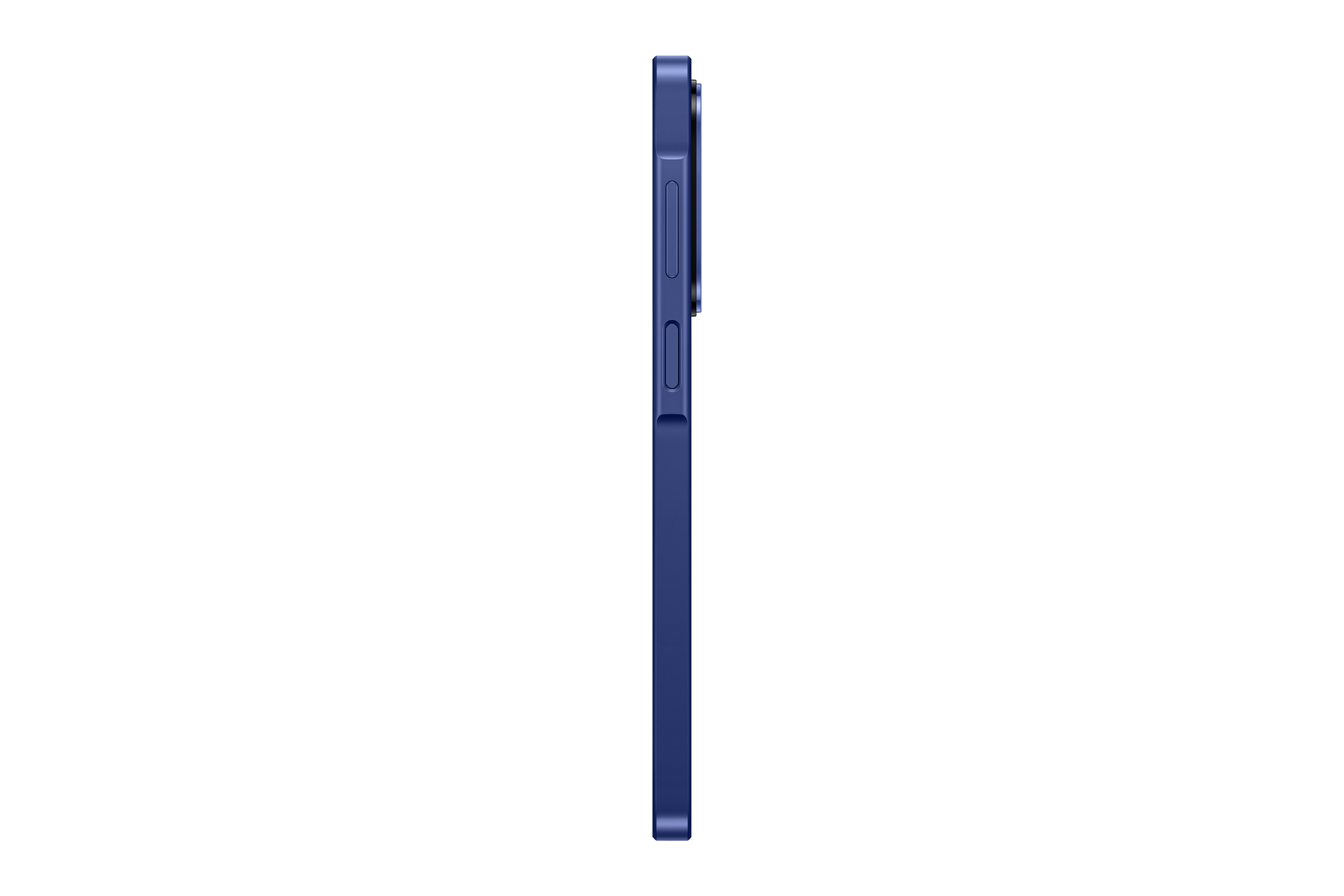 Dunkelblaues Smartphone-Profil mit seitlichen Tasten auf schwarzem Hintergrund.