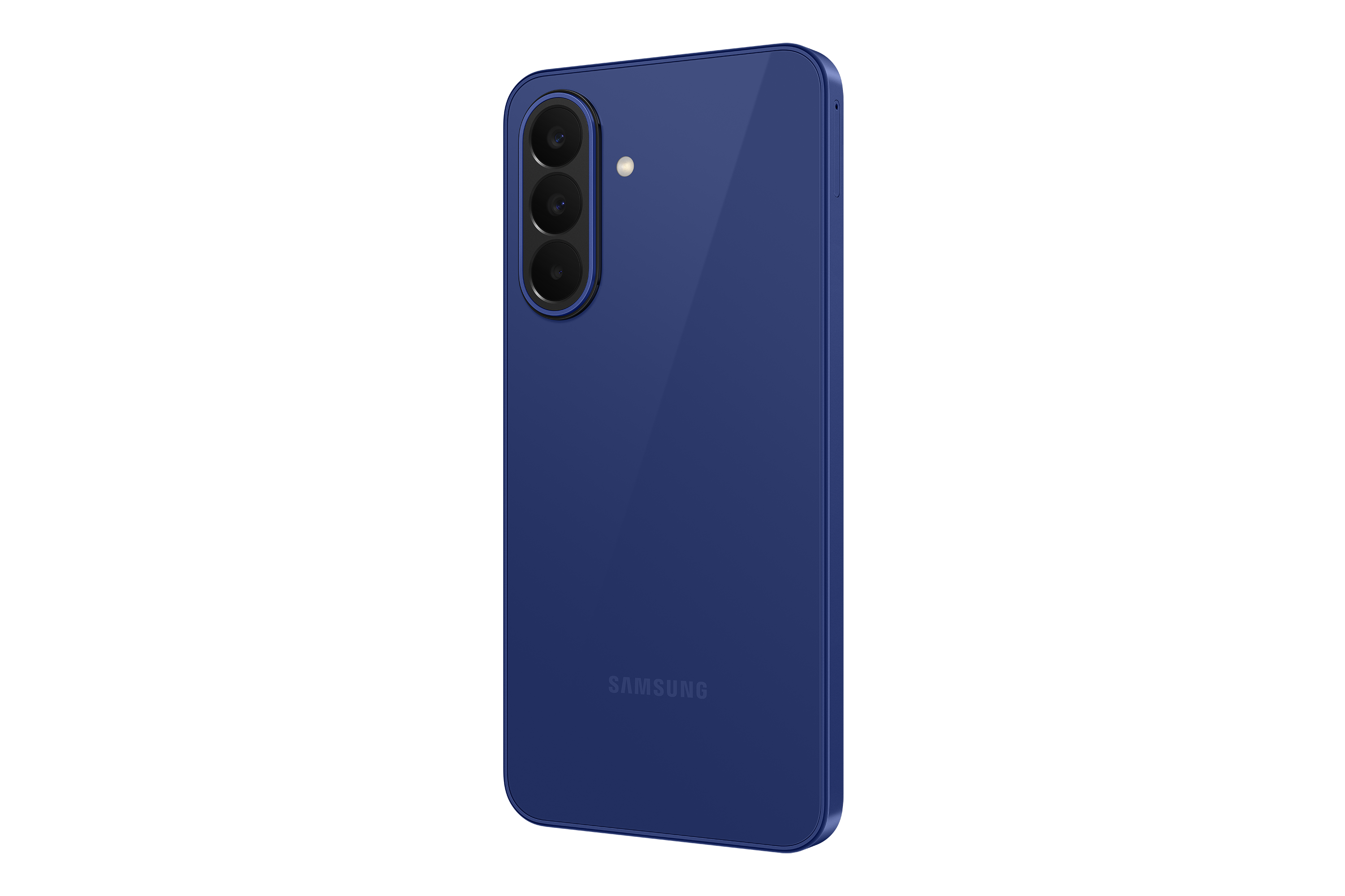 Rückseite eines blauen Samsung-Smartphones mit drei Kameras und Blitz.