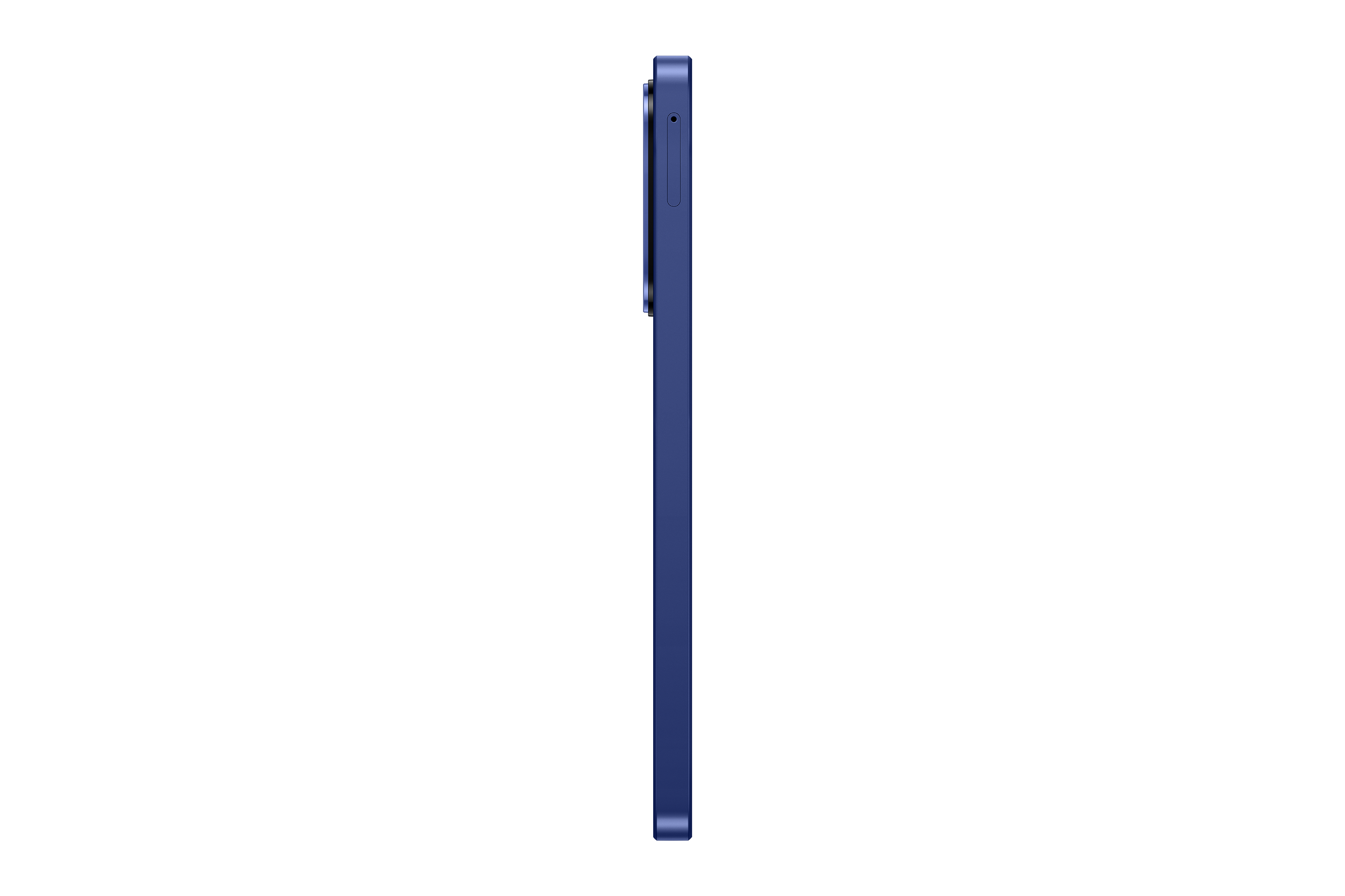 Dunkelblaues Smartphone von der Seite mit SIM-Schacht.