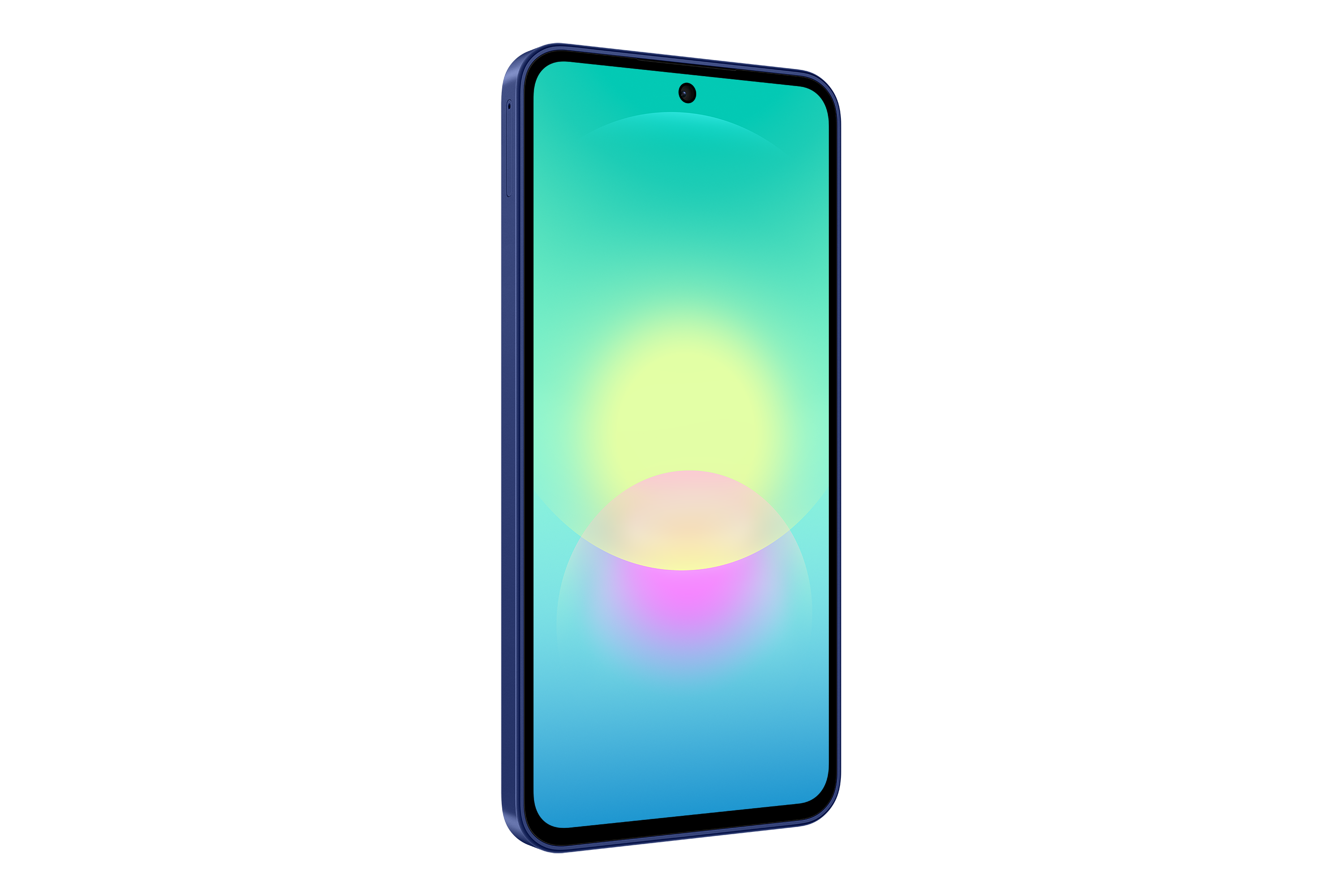 Ein blaues Smartphone mit einem farbverlaufendem Hintergrund auf dem Bildschirm.