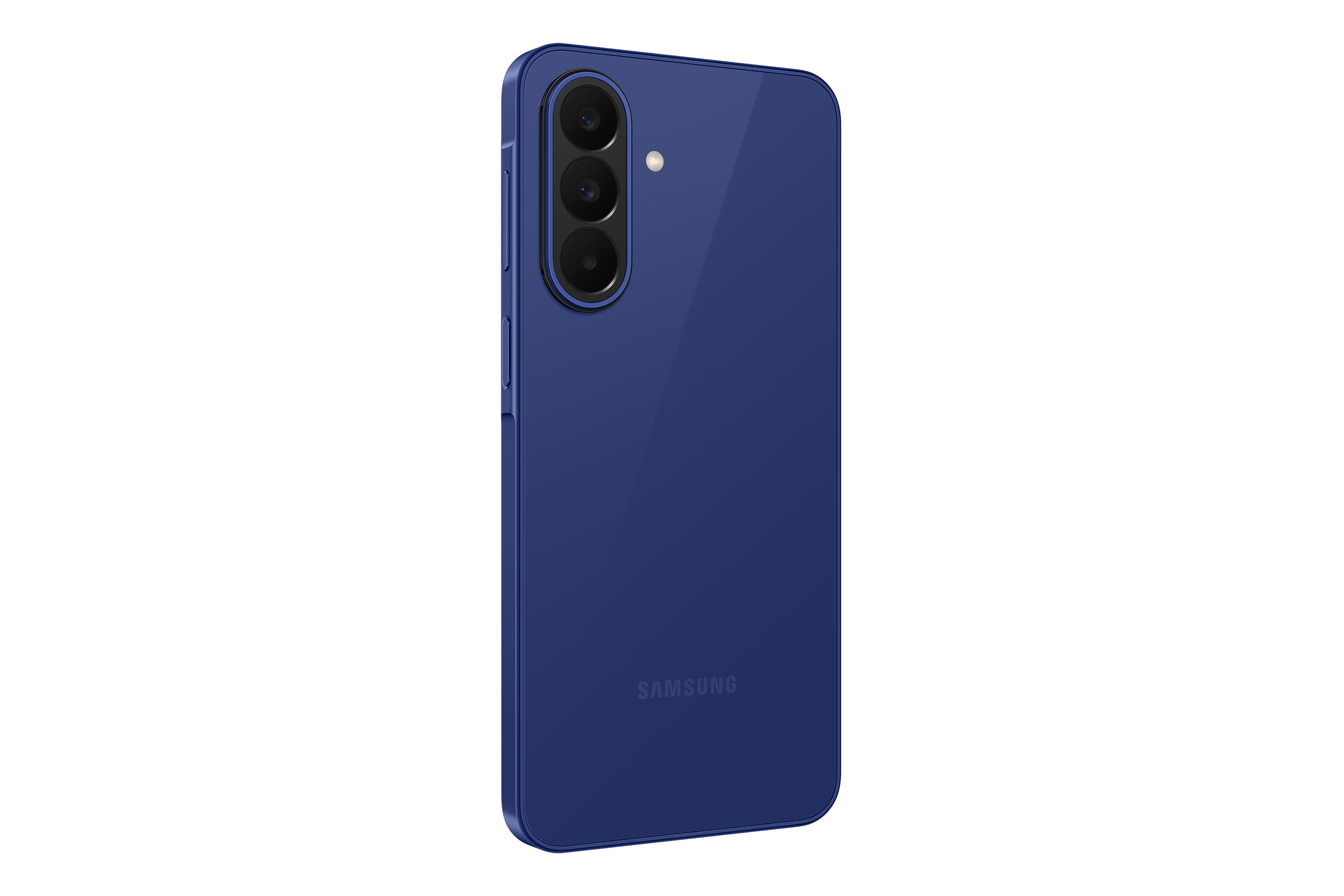 Dunkelblaue Samsung-Rückseite mit drei Kameras und Blitz.