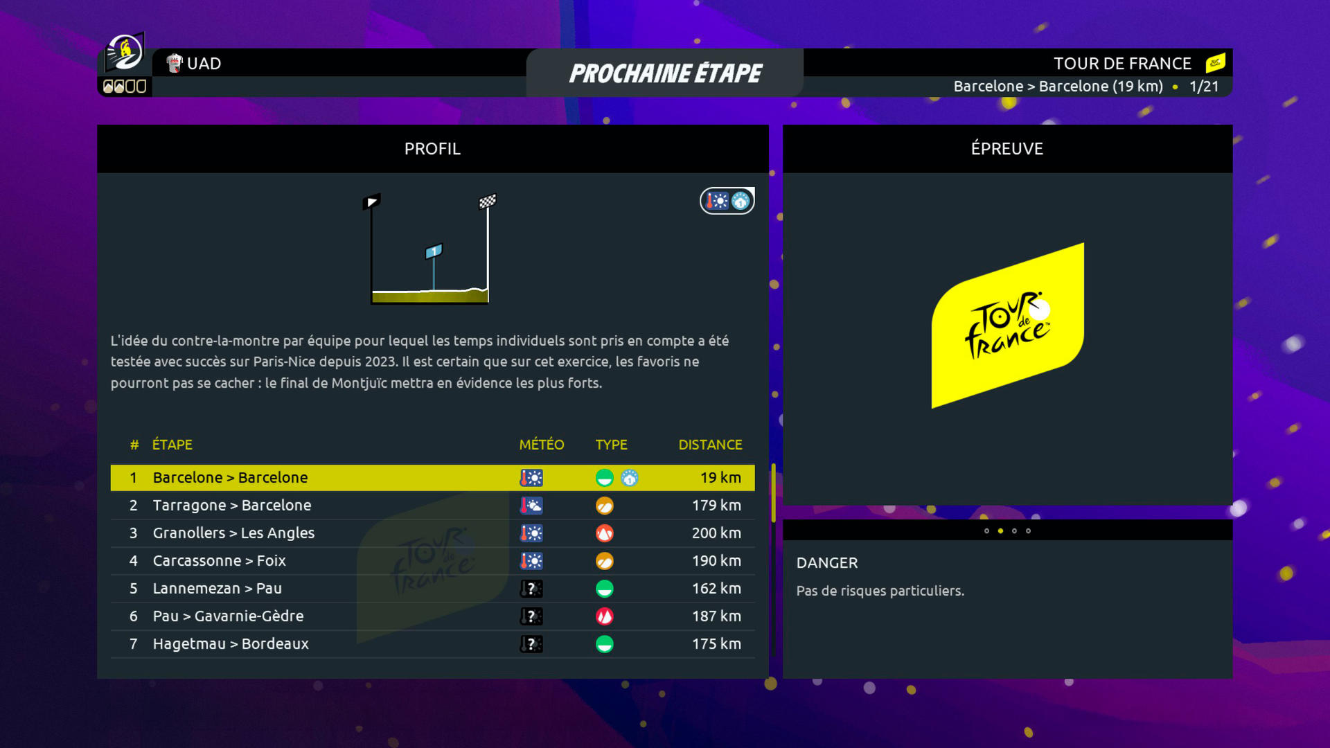 Tour de France-Bildschirm mit Etappenliste, Profil und Logo.