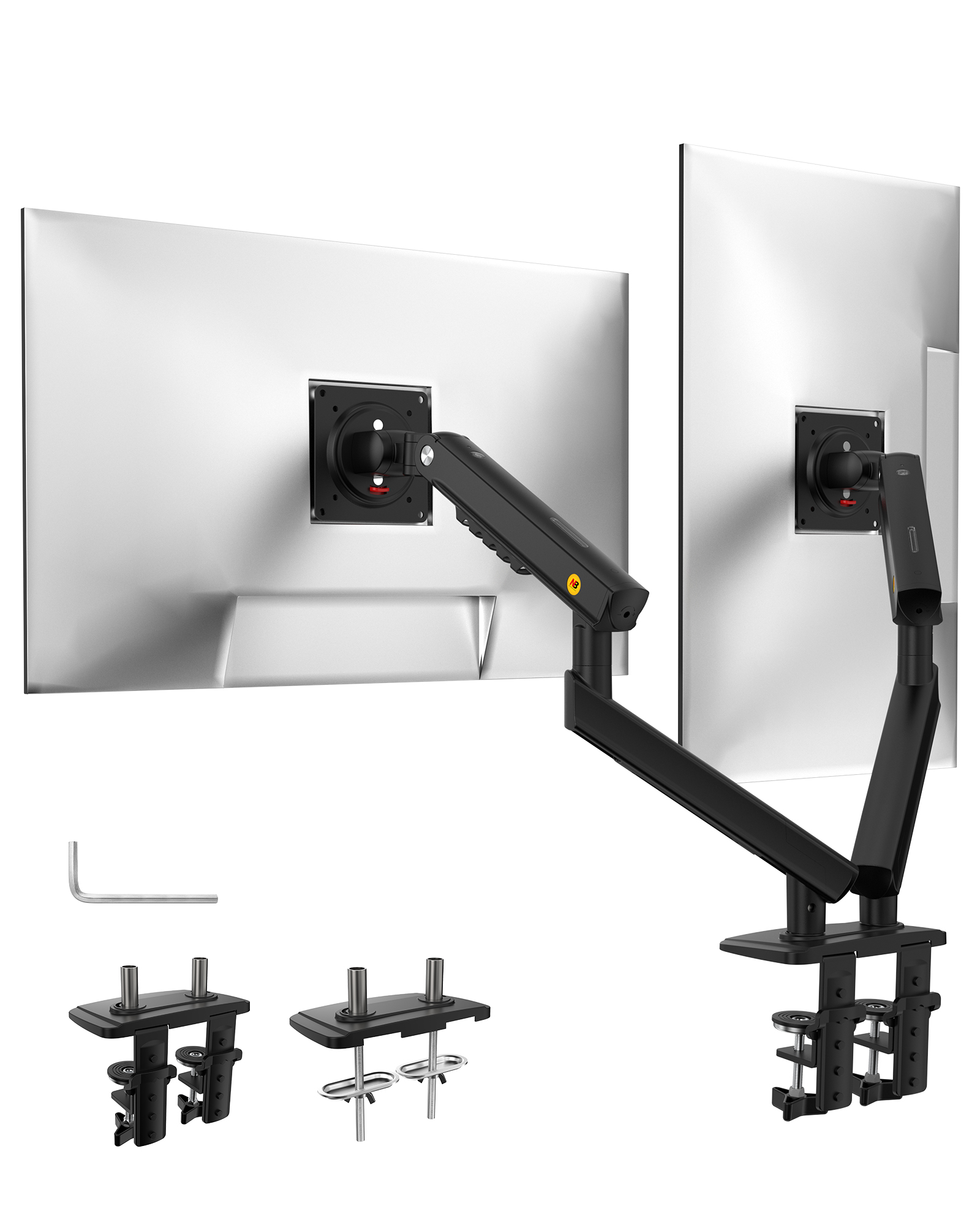 Aksesuarlı siyah monitör kolları tarafından tutulan iki gümüş monitör.