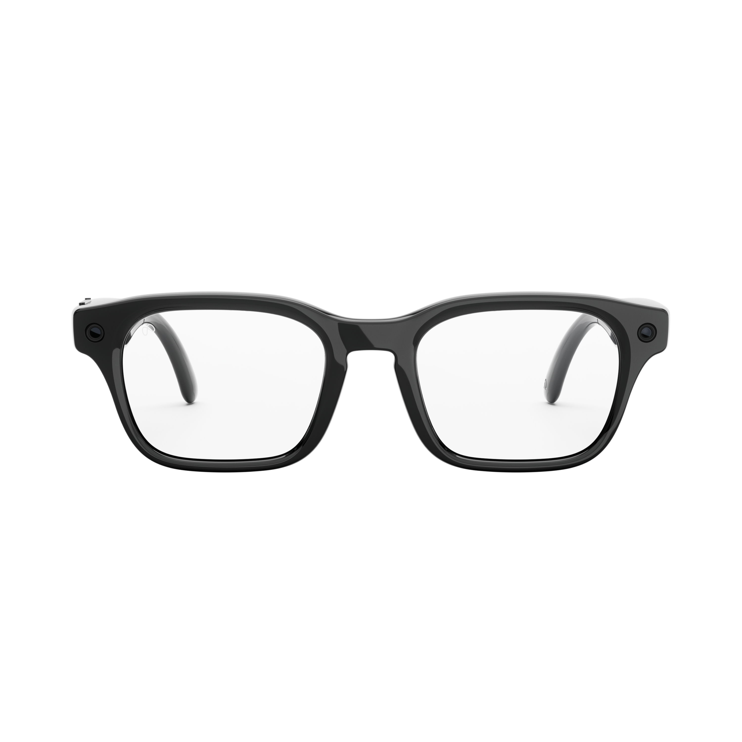 Schwarze Brille mit rechteckigen Gläsern und dickem Rahmen.