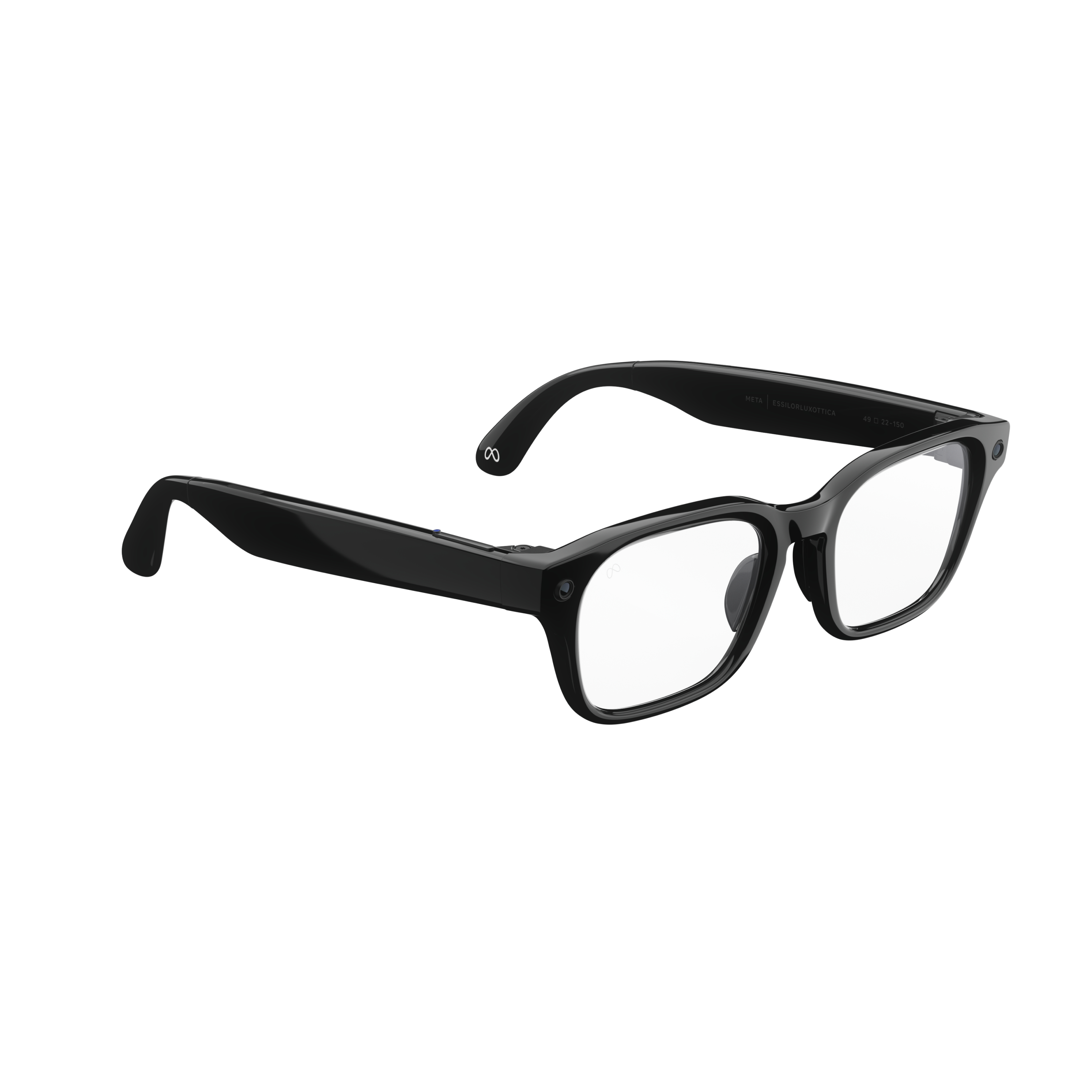Schwarze Brille mit rechteckigen Gläsern, Kameras und Meta-Logo.