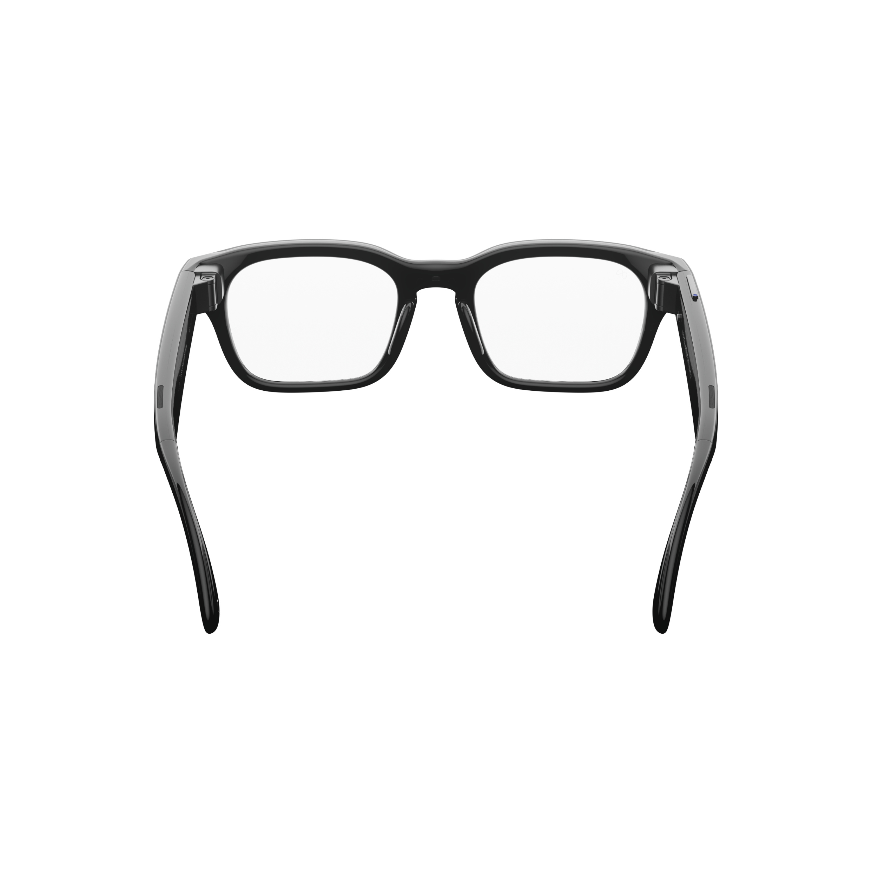 Schwarze Brille mit rechteckigen Gläsern, auf weißem Hintergrund.