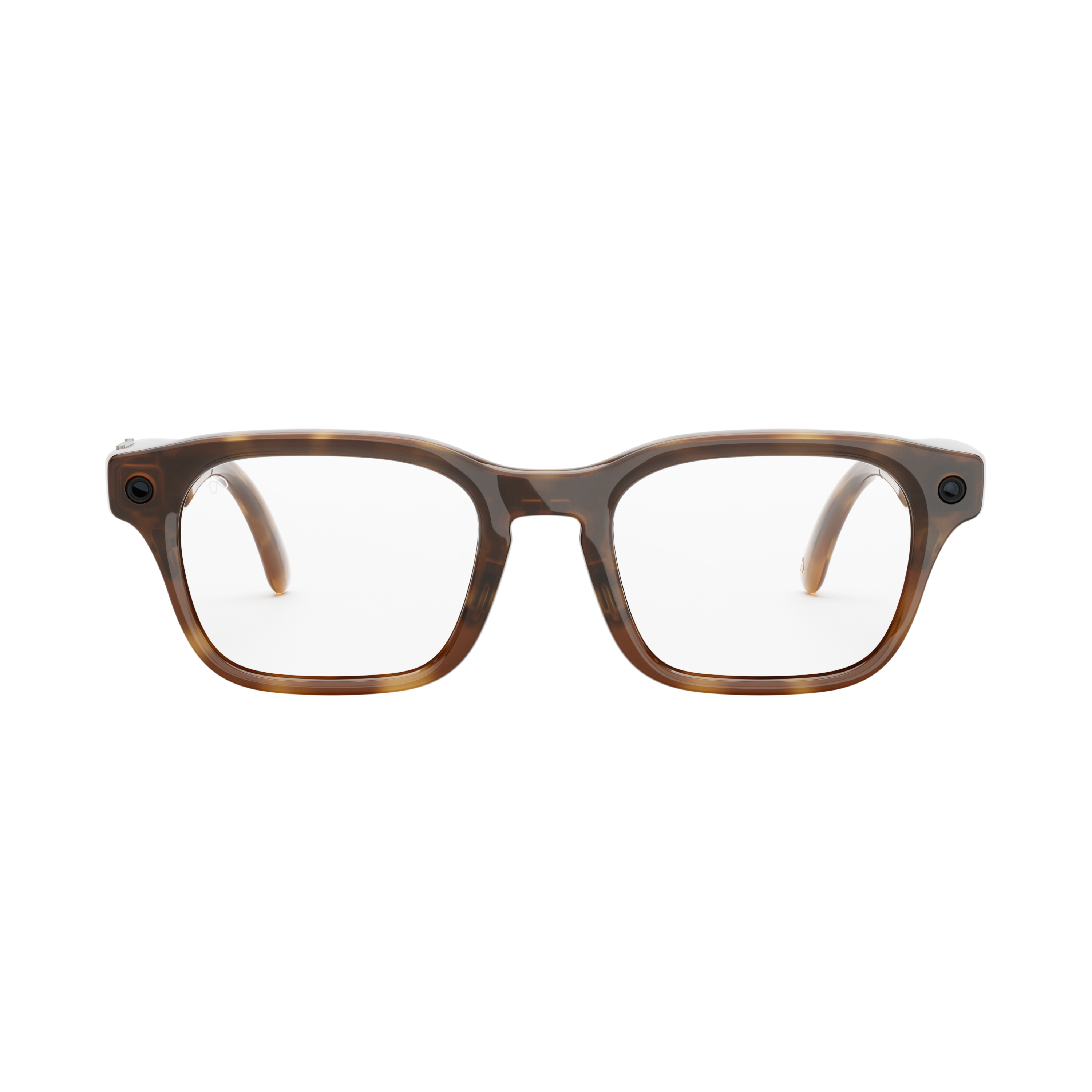 Braune Schildpatt-Brille mit quadratischen Gläsern und Kameras an den Bügeln.