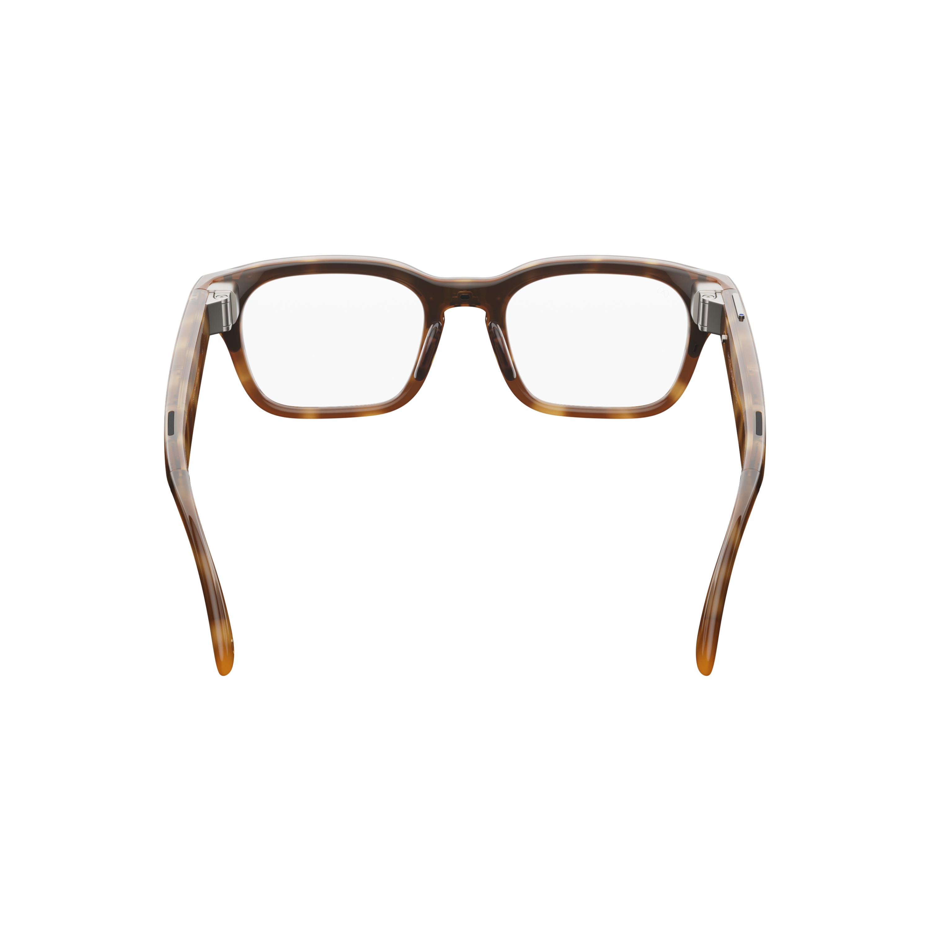 Braune Schildpatt-Brille mit transparenten Gläsern und silbernen Scharnieren.