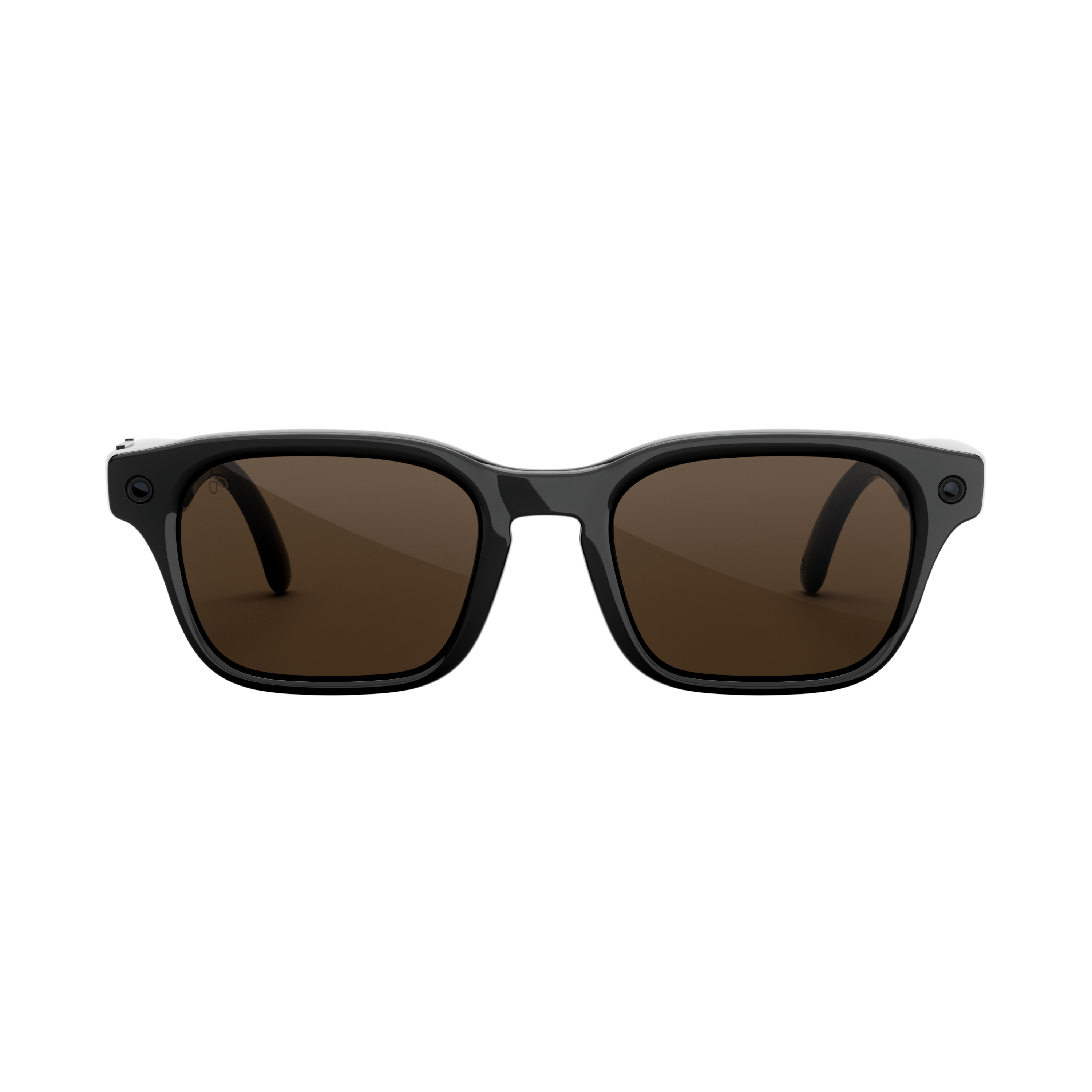 Schwarze Sonnenbrille mit braunen Gläsern und Kameras an den Bügeln.