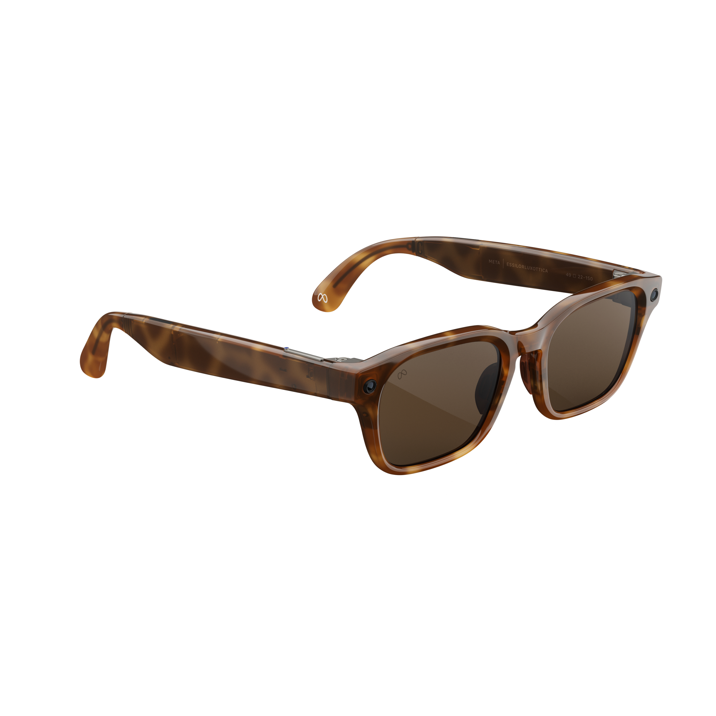 Eine braune Schildpatt-Sonnenbrille mit getönten Gläsern und Kameras.