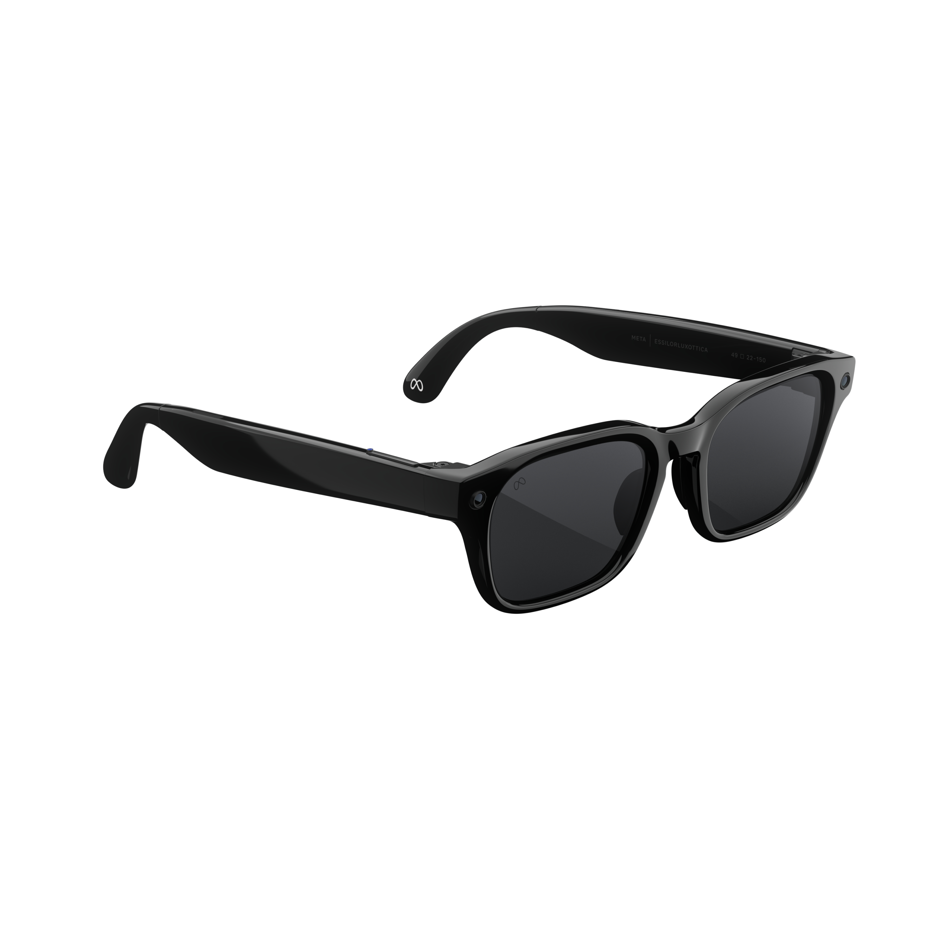 Schwarze smarte Brille mit dunklen Gläsern und Kameras an den Seiten.