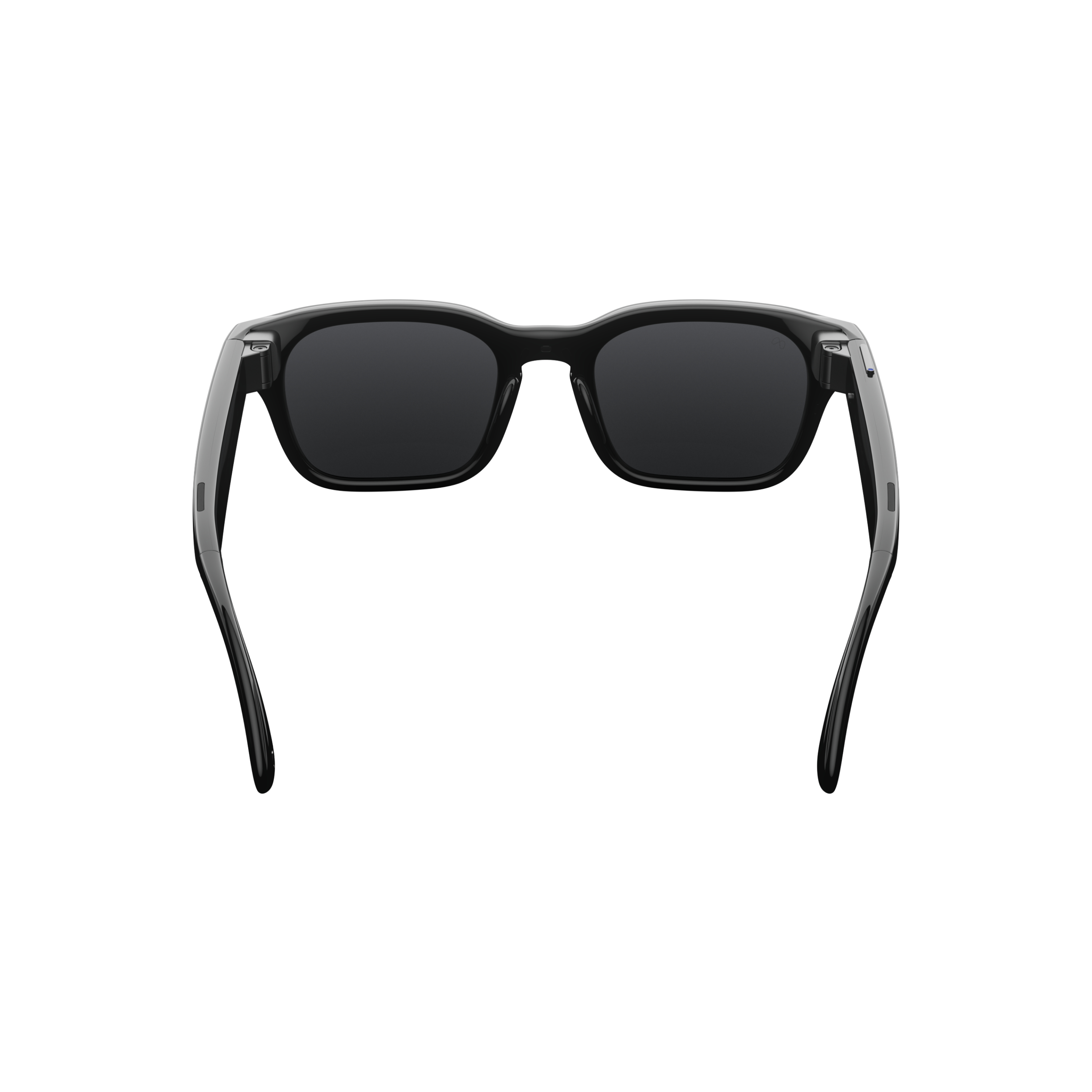 Schwarze Sonnenbrille mit dunklen Gläsern und glänzendem Rahmen.