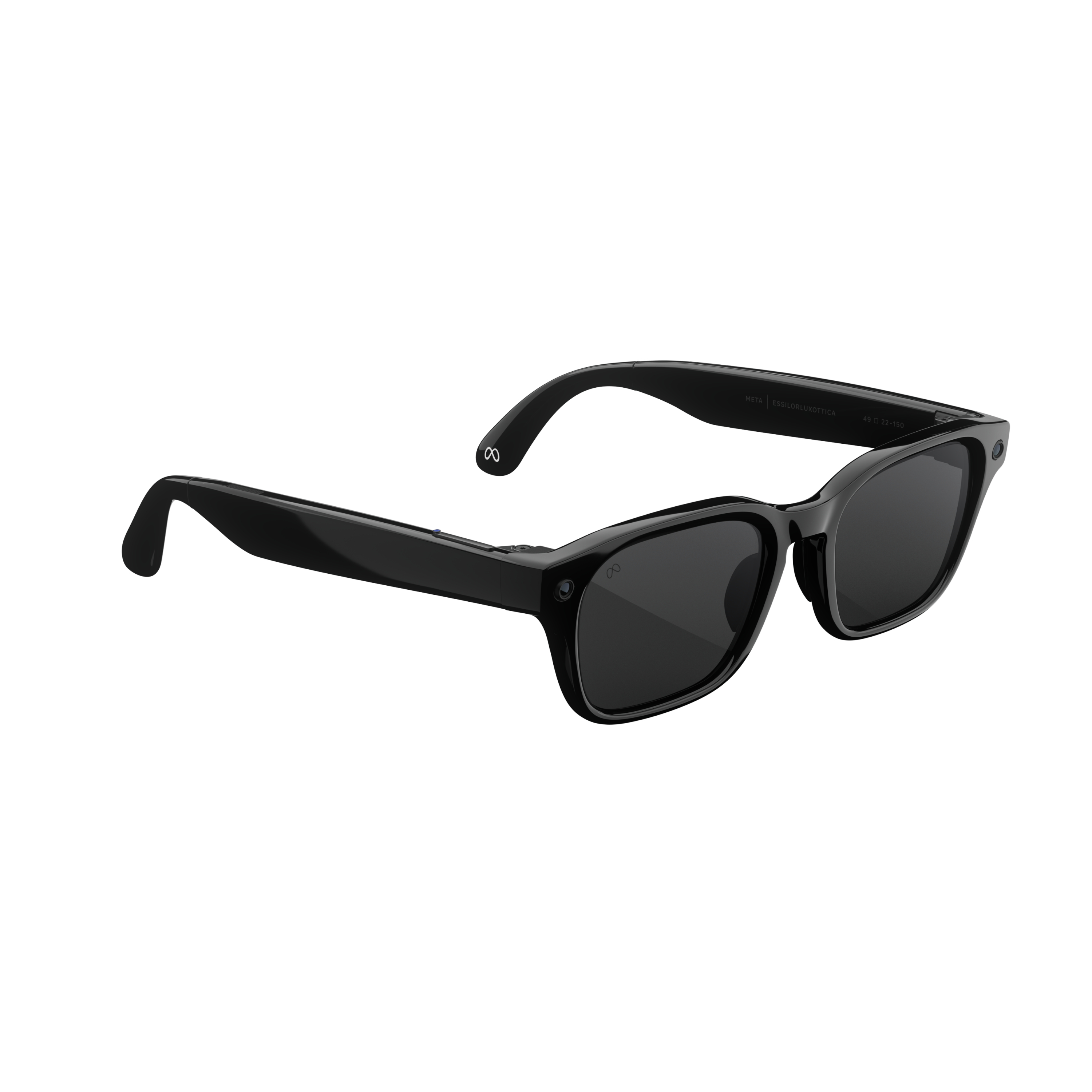 Schwarze Smartbrille mit dunklen Gläsern und Kamera am rechten Bügel.