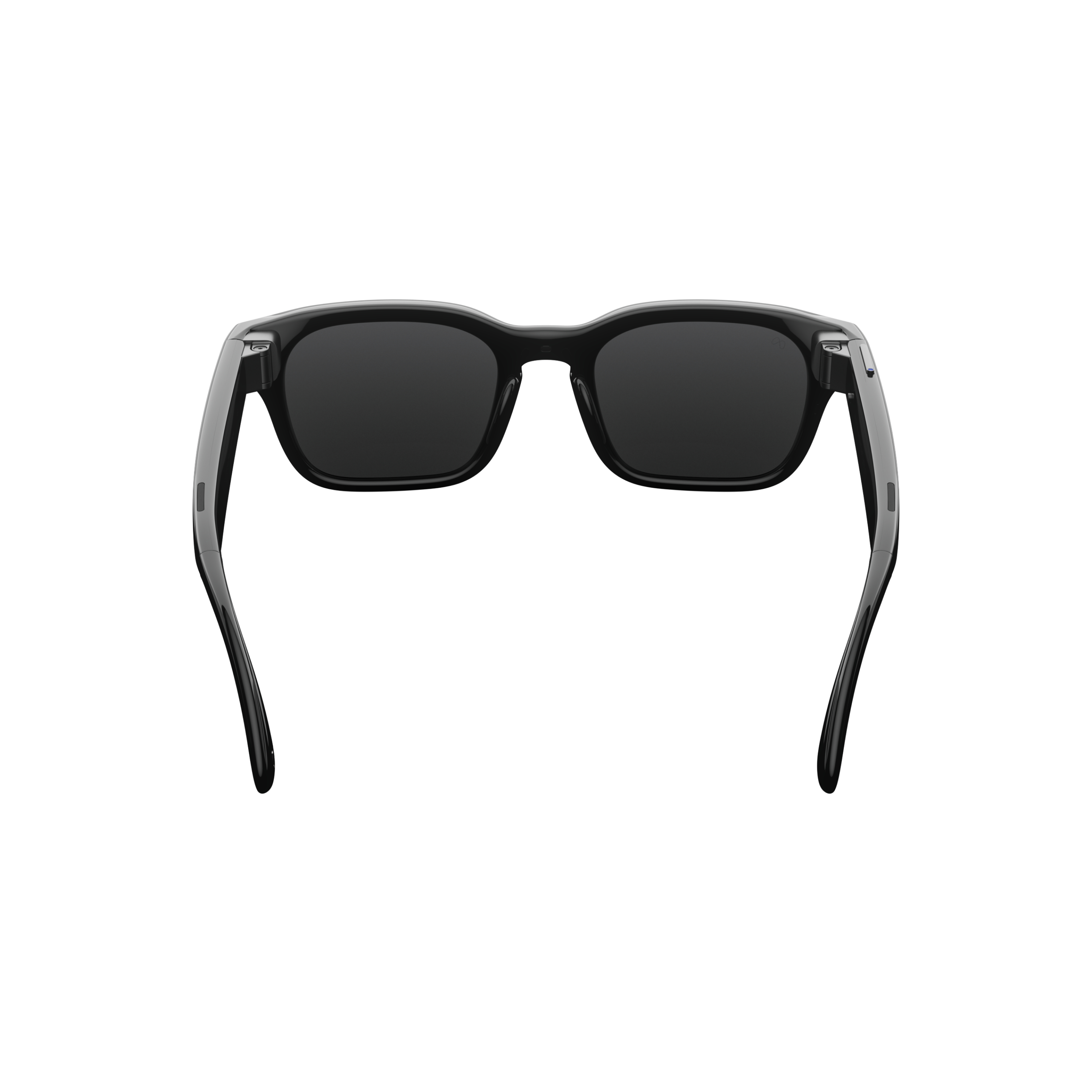 Schwarze Sonnenbrille mit dickem Rahmen und dunklen Gläsern.