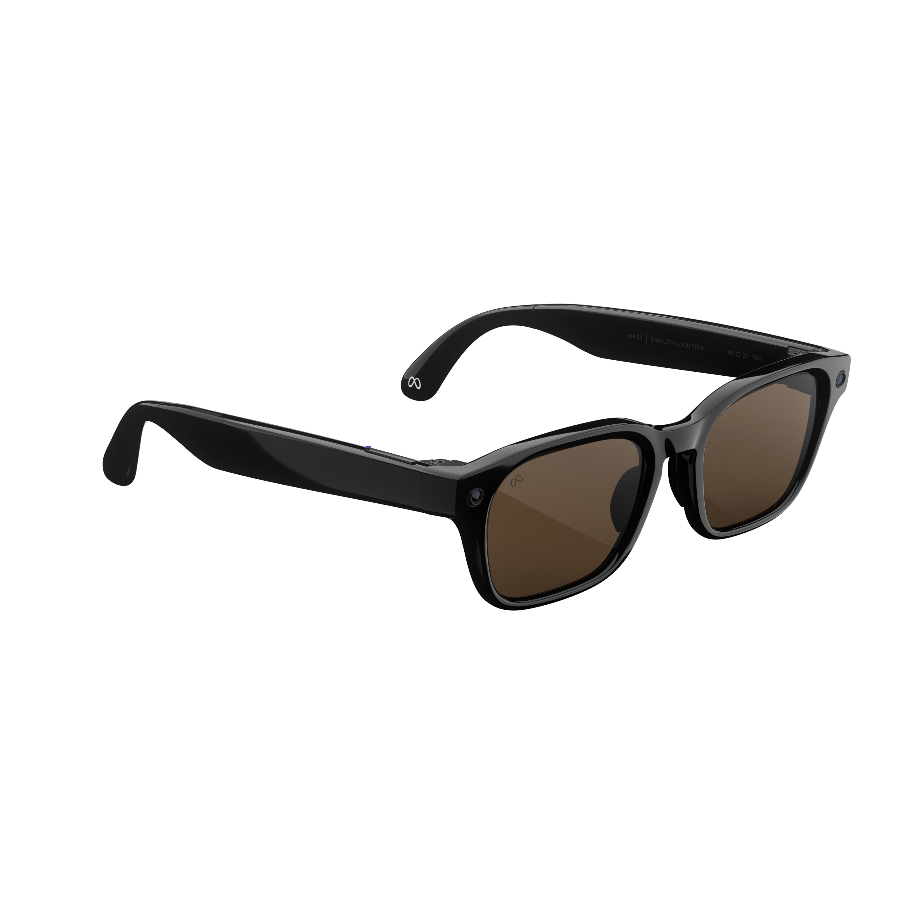 Schwarze Sonnenbrille mit braunen Gläsern und einem Meta-Logo.