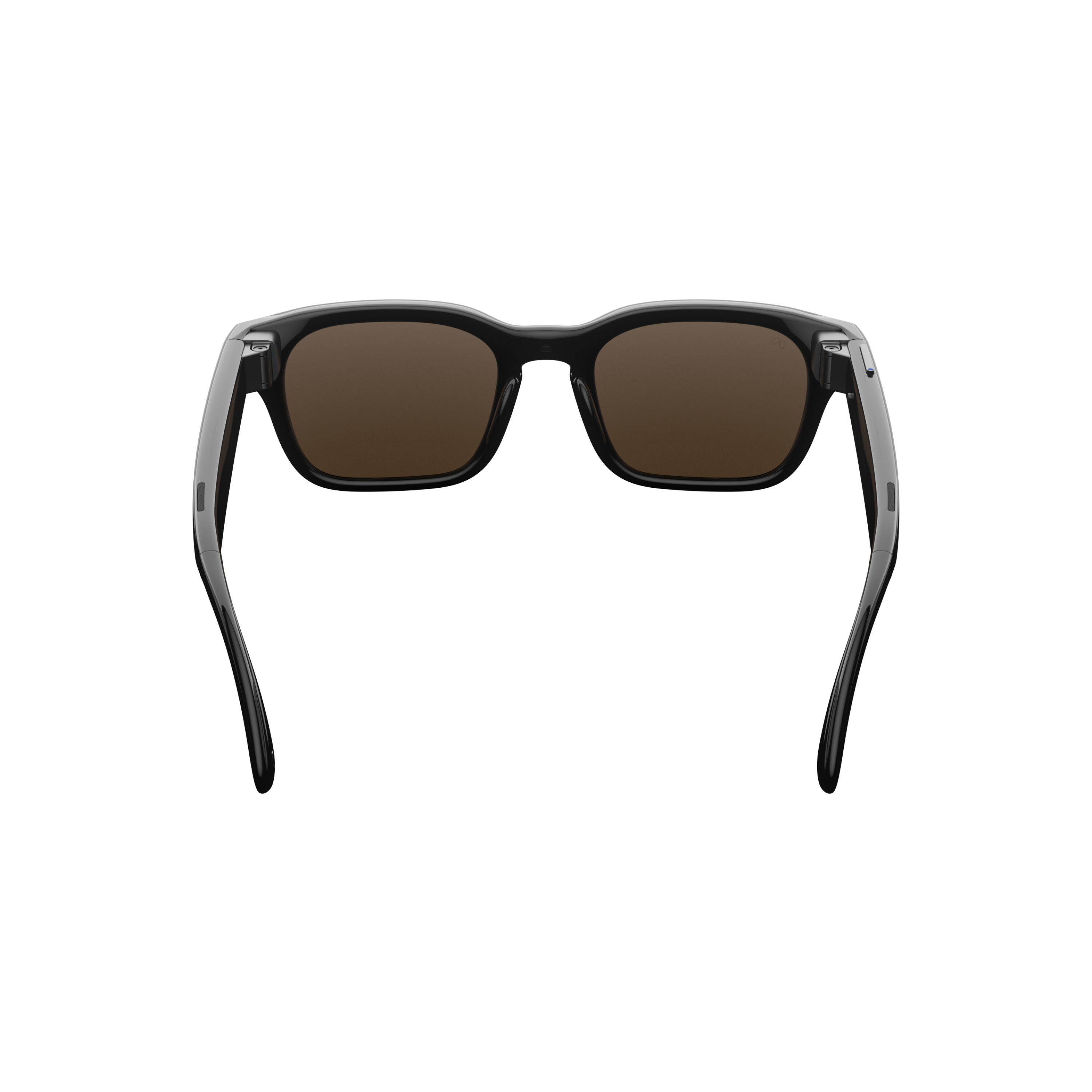 Schwarze Sonnenbrille mit braunen Gläsern und schlanken Bügeln.