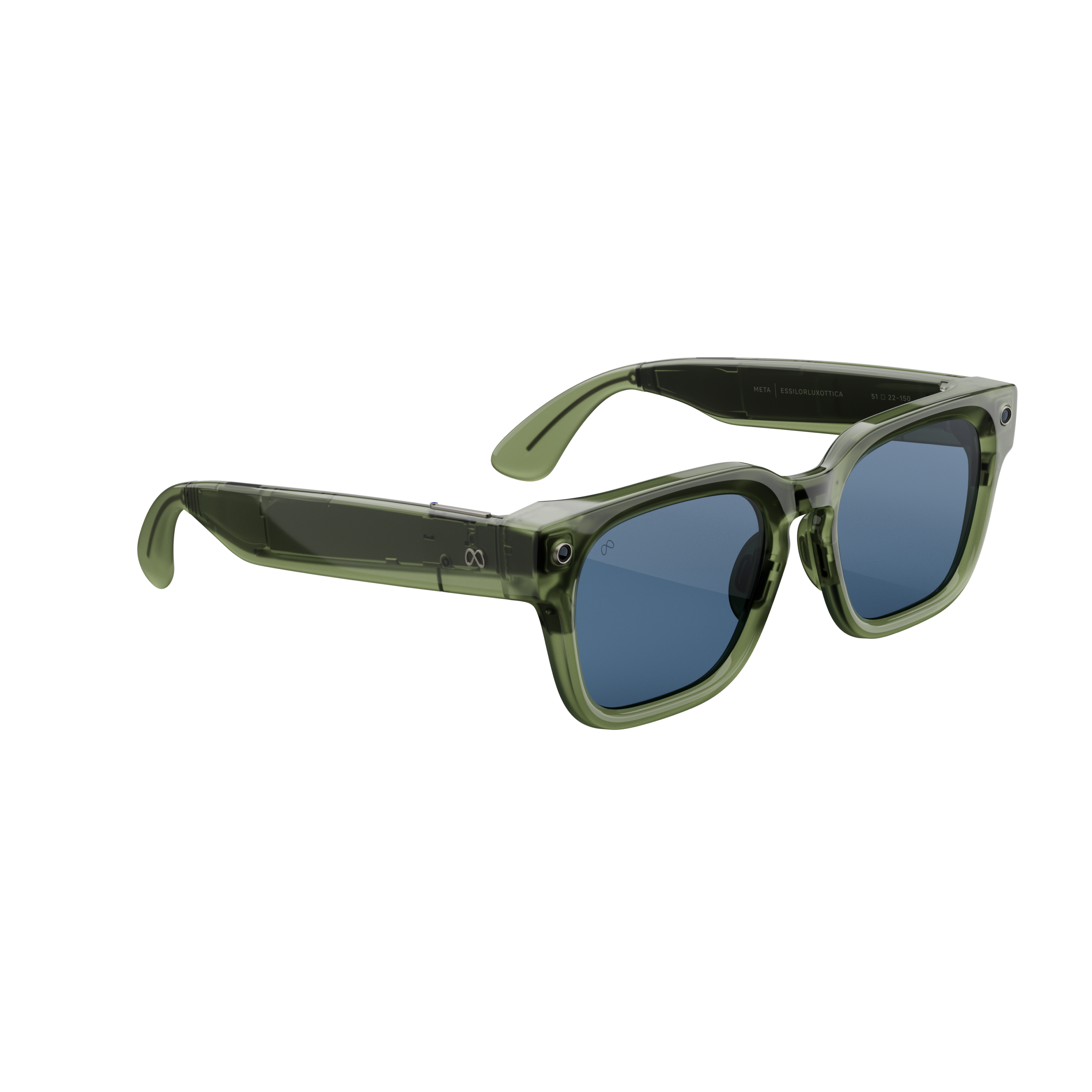 Eine durchsichtige grüne Sonnenbrille mit blauen Gläsern und dickem Rahmen.