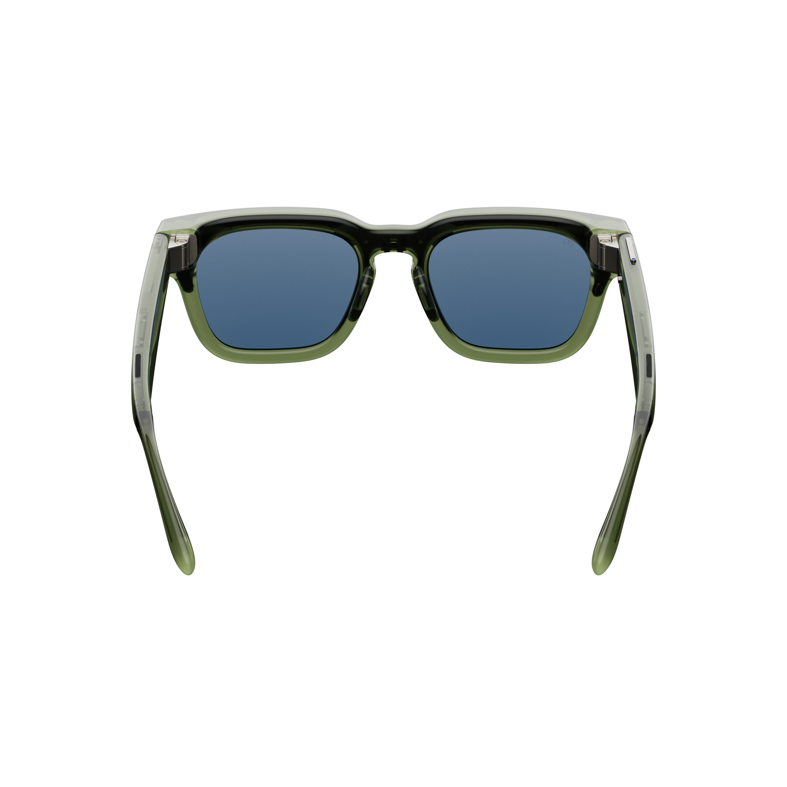 Grüne Sonnenbrille mit blauen Gläsern und silbernen Scharnieren.