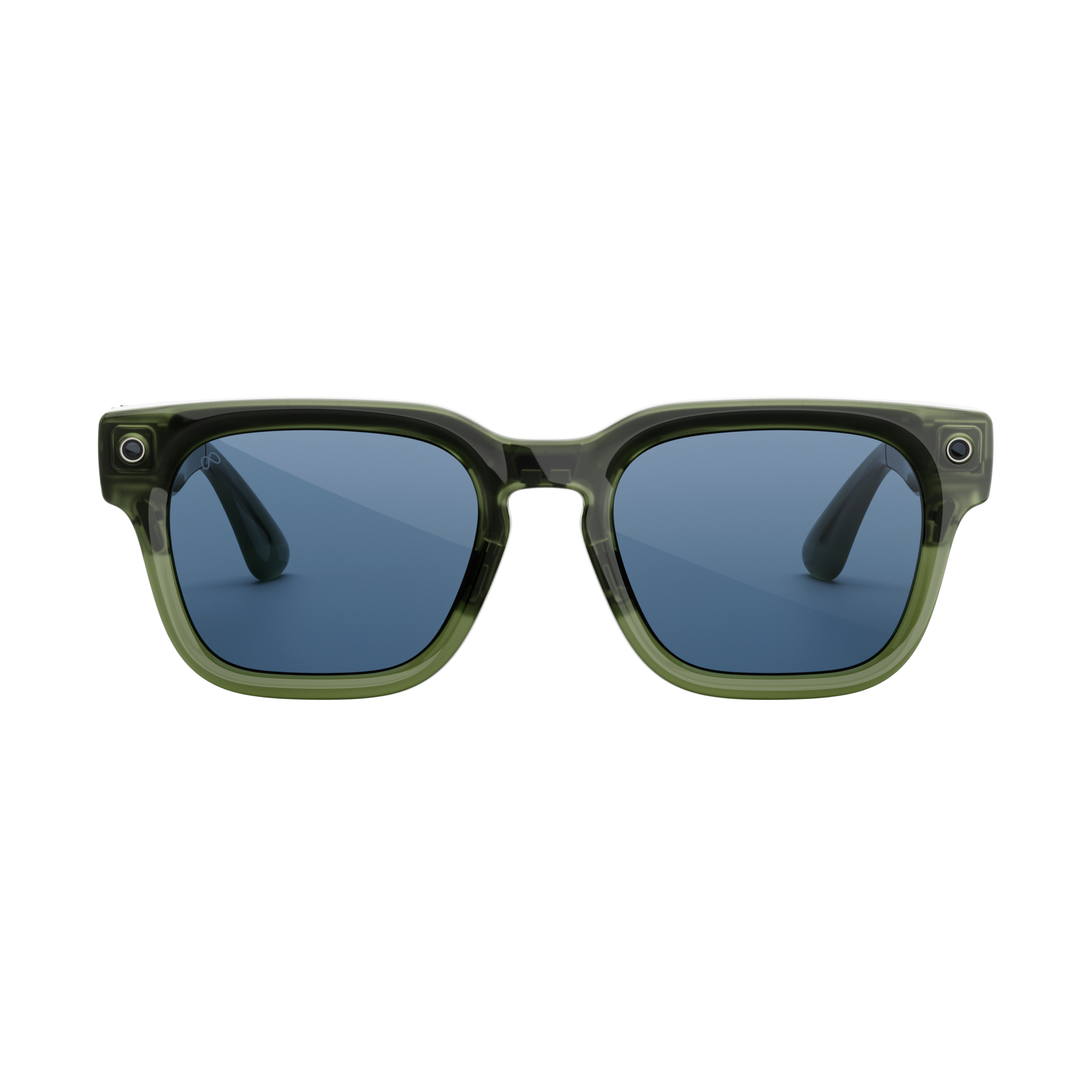 Grüne Sonnenbrille mit blauen Gläsern und silbernen Details.
