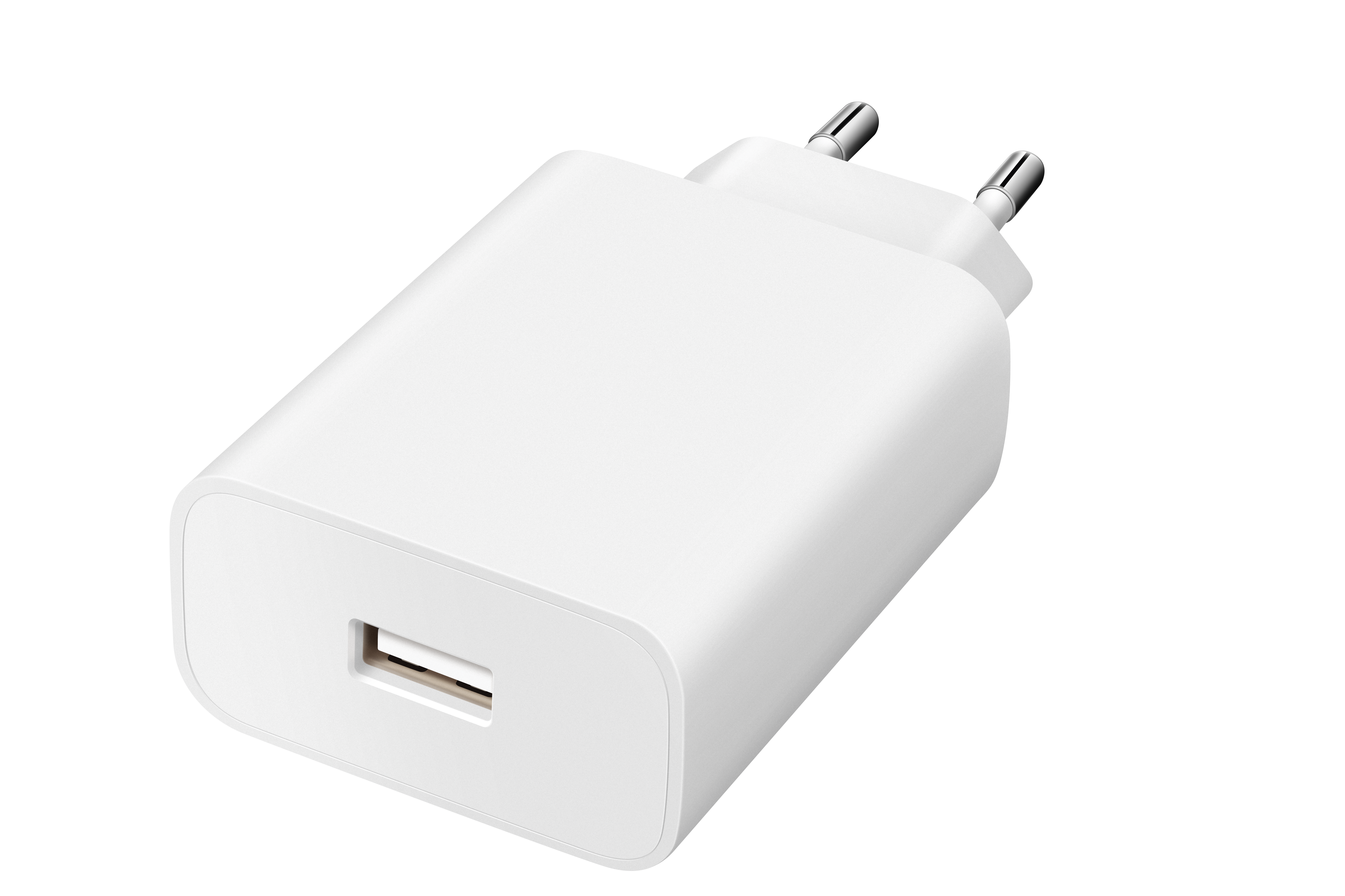Ein weißer USB-Netzadapter mit zwei runden Metallstiften.