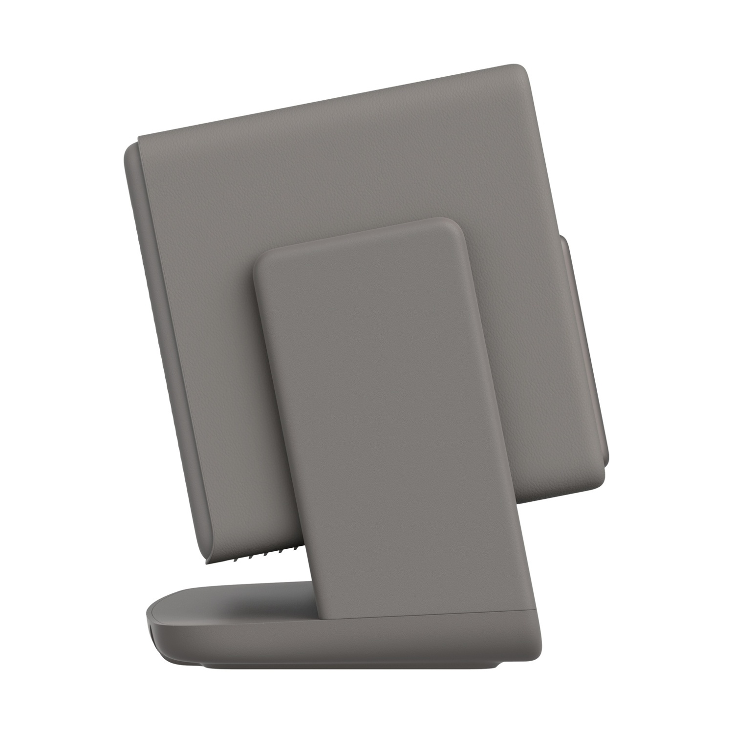 Dispositivo grigio in posizione verticale, con base e supporto arrotondati.