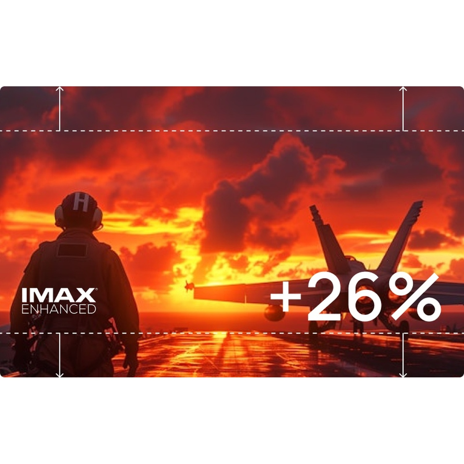 Pilota su portaerei al tramonto con caccia, IMAX Enhanced.