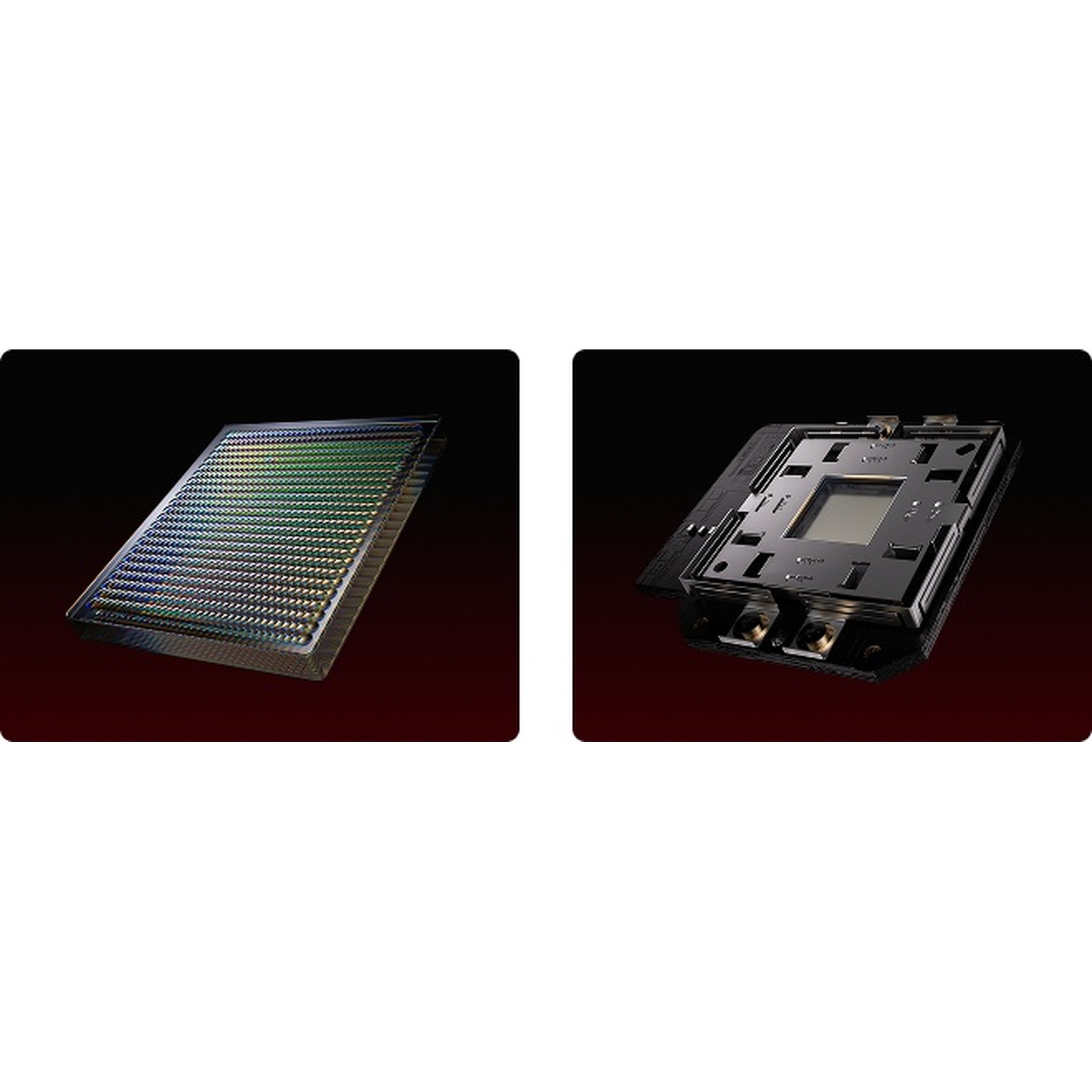 Un chip metallico con molti quadratini e una parte di computer con un quadrato al centro.