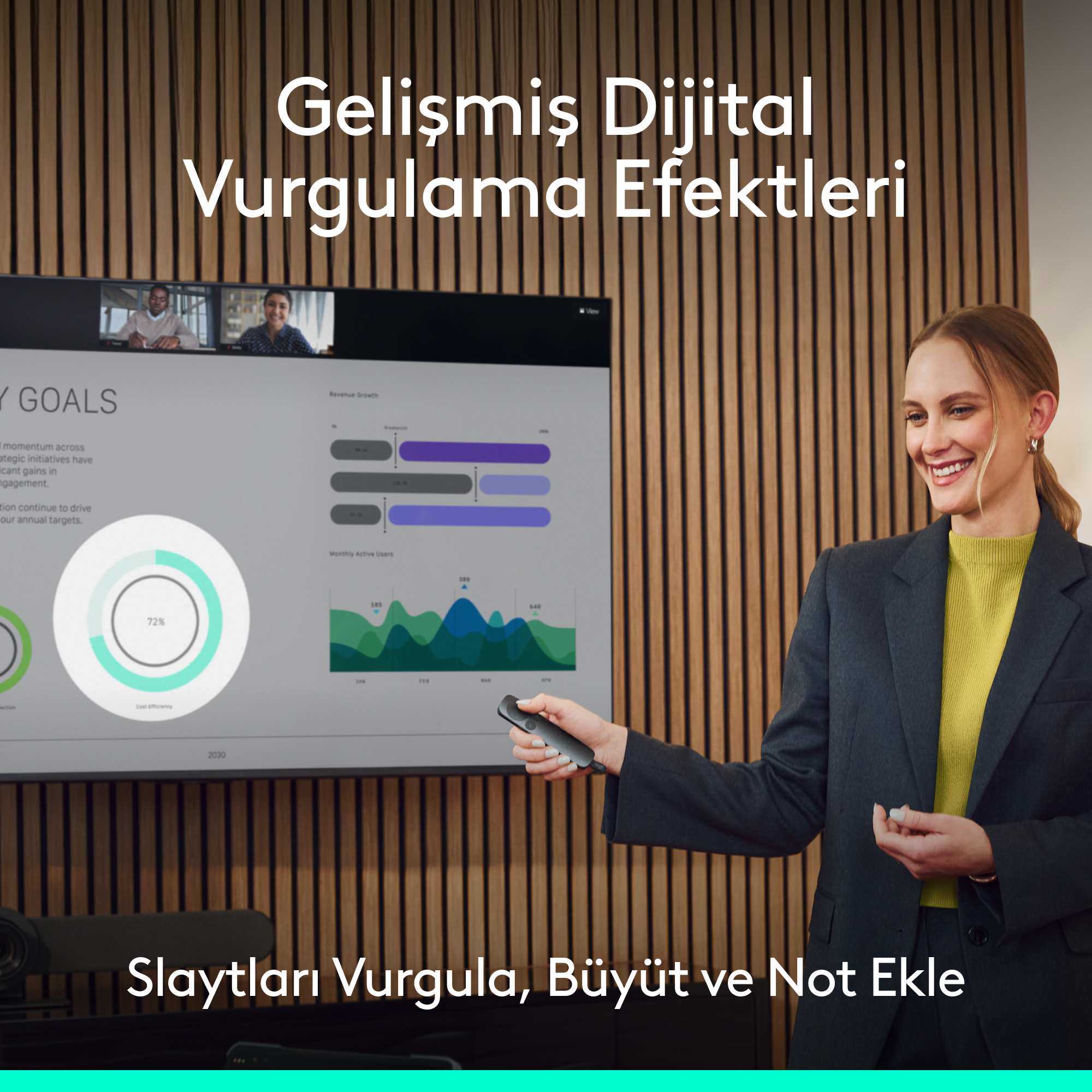 Bir kadın uzaktan kumanda tutuyor ve grafikler içeren bir sunuma işaret ediyor.