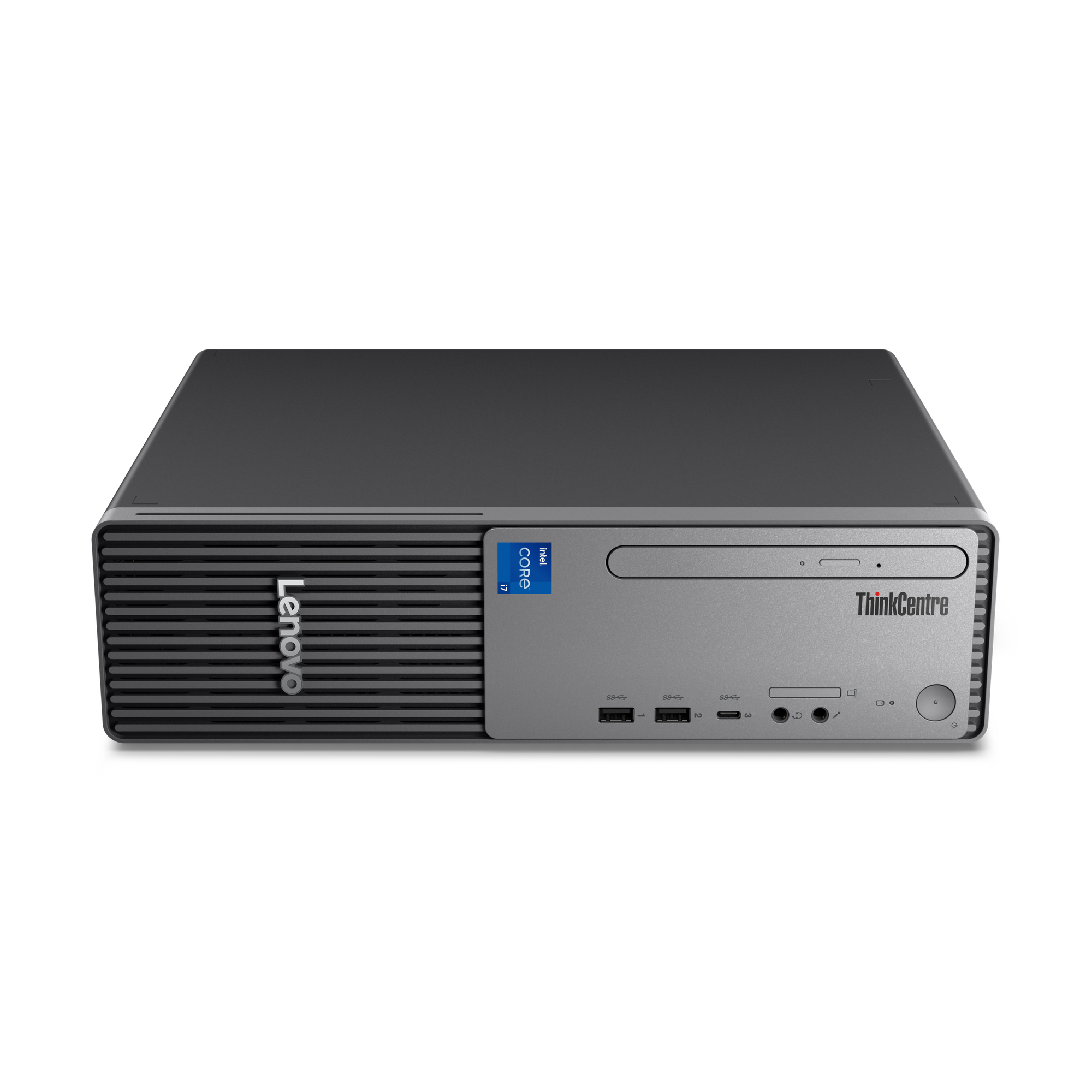 Szary komputer stacjonarny Lenovo ThinkCentre z naklejką Intel Core i7 i portami.