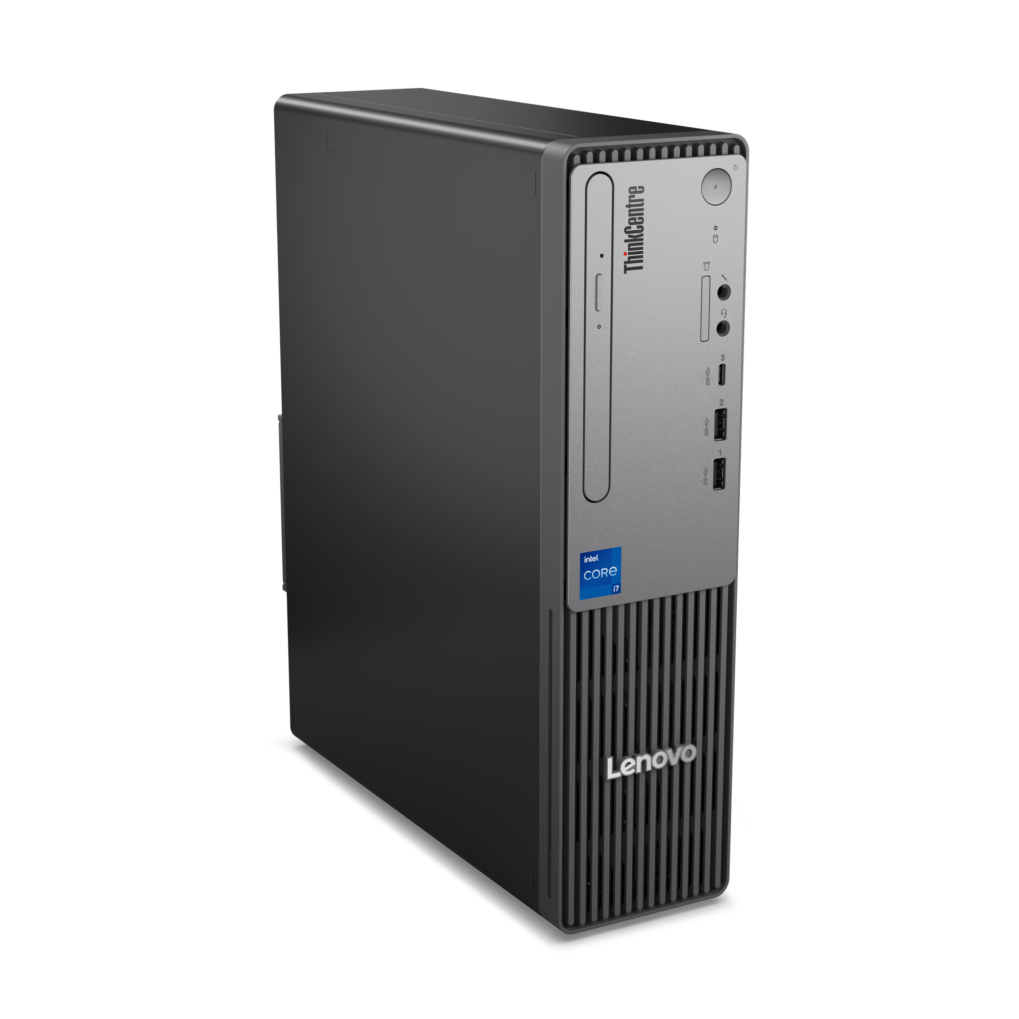 Smukły, czarny komputer stacjonarny Lenovo ThinkCentre z srebrnym panelem przednim.