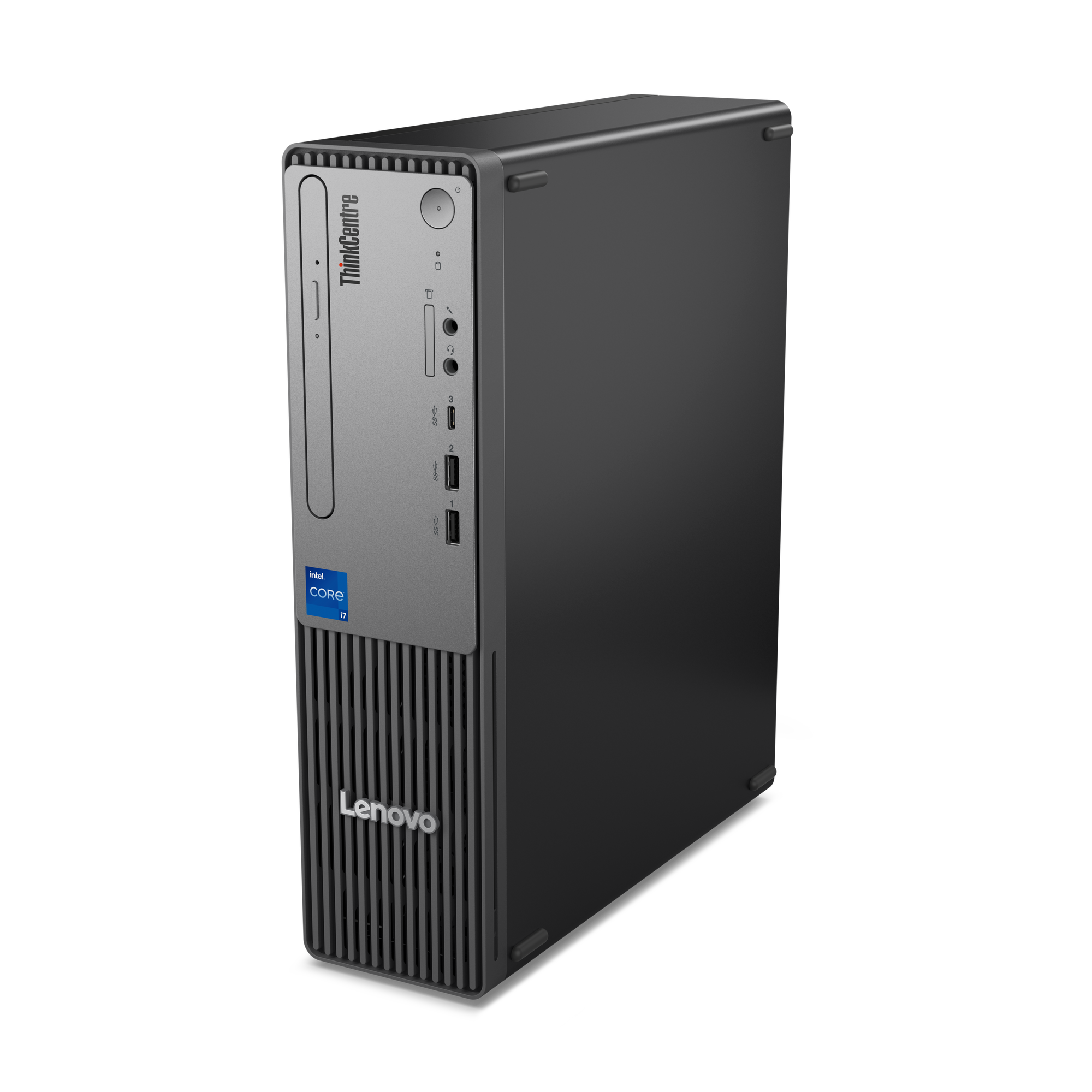 Szara obudowa stacjonarna Lenovo ThinkCentre z naklejką Intel Core i7.