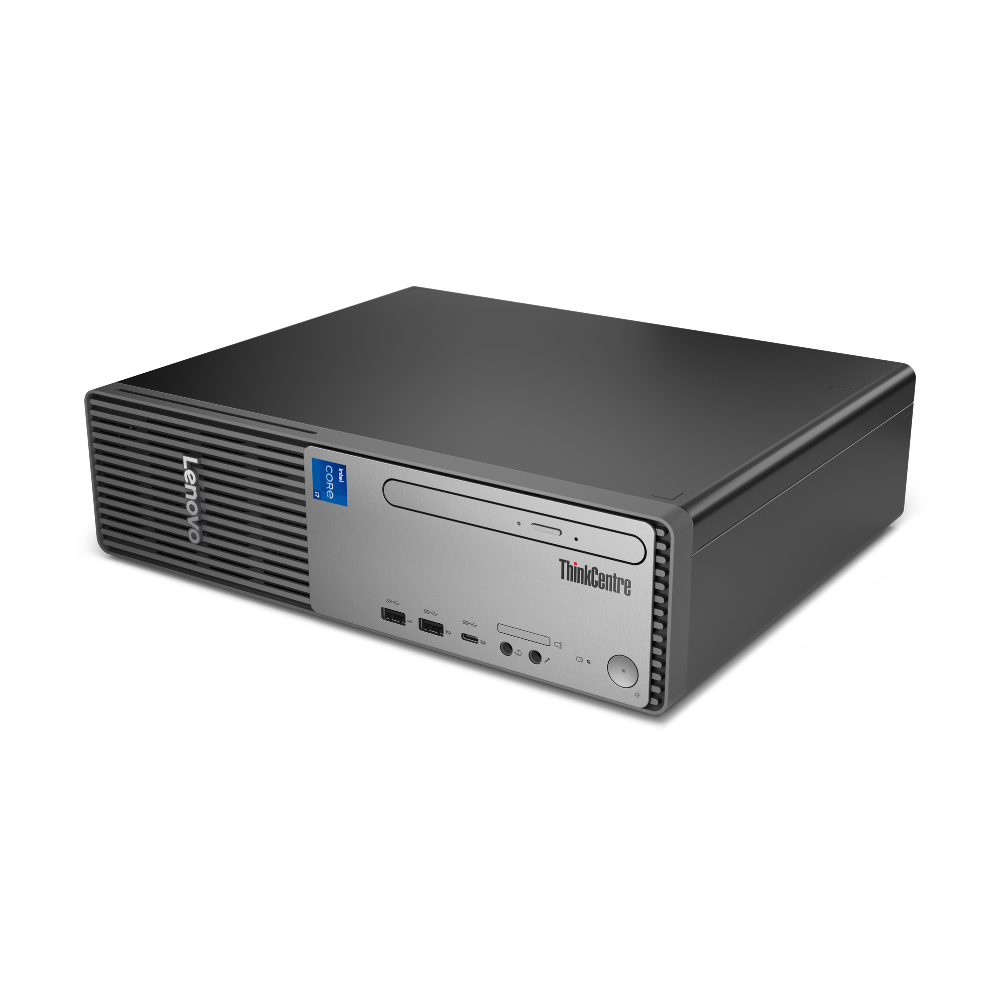 Srebrny komputer stacjonarny Lenovo ThinkCentre z oznaczeniem Intel Core i7 na czarnym tle.