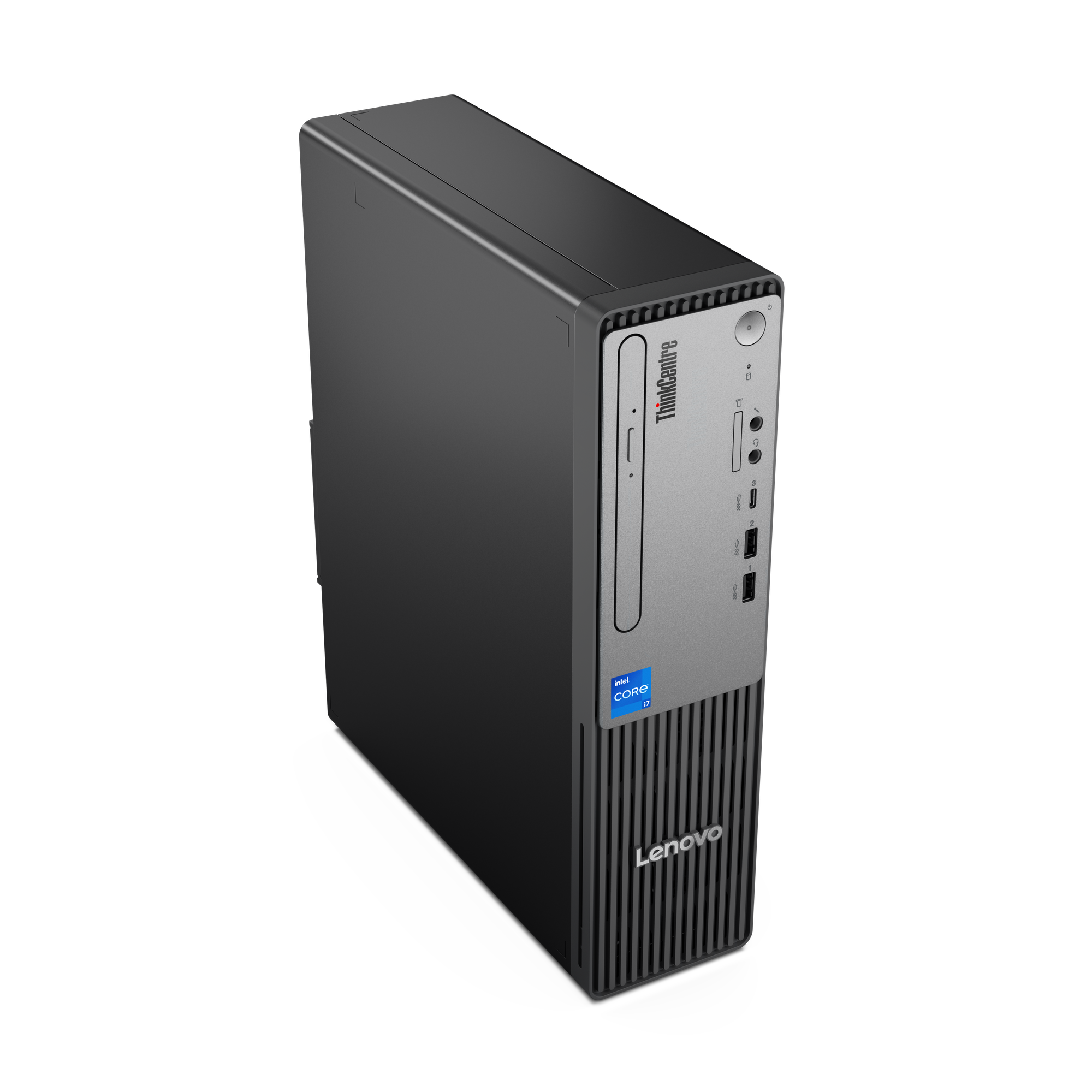 Czarny komputer Lenovo ThinkCentre z naklejką Intel Core i7 i srebrnym panelem.