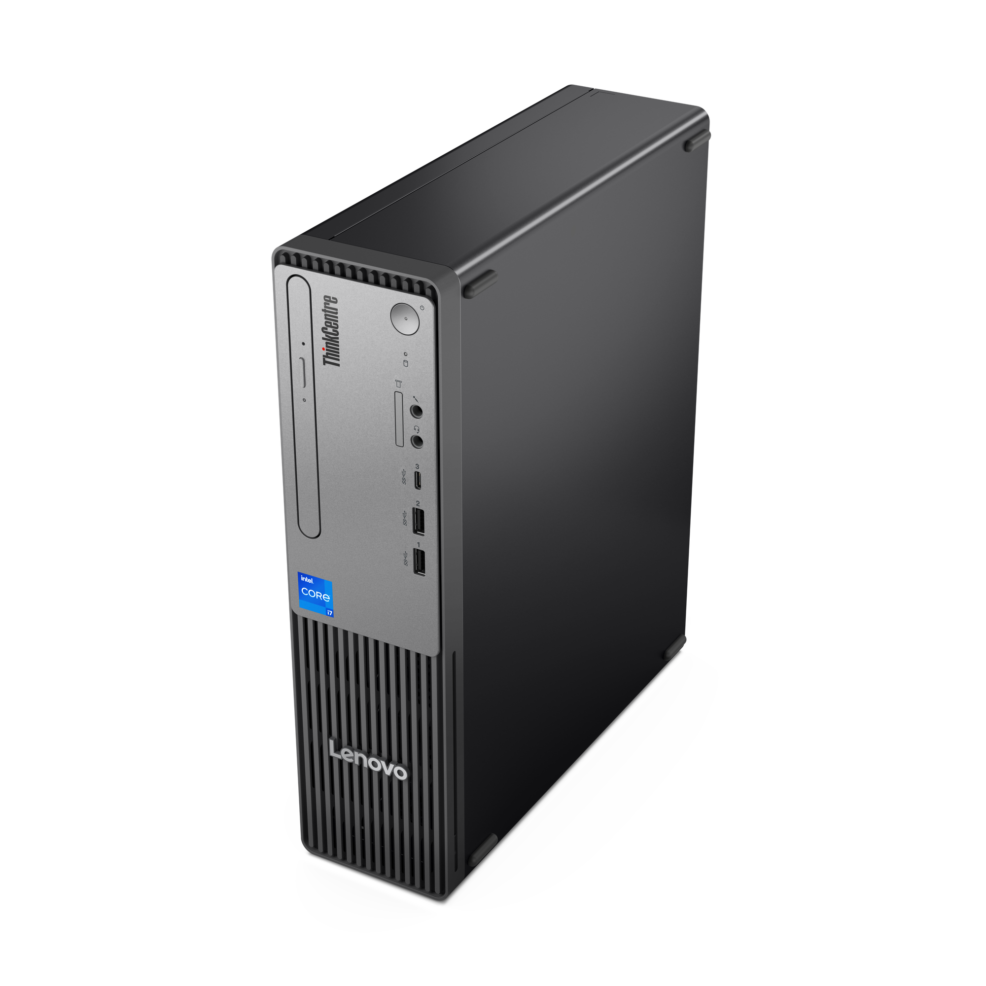 Komputer Lenovo ThinkCentre z naklejką Intel Core i7, z portami z przodu.
