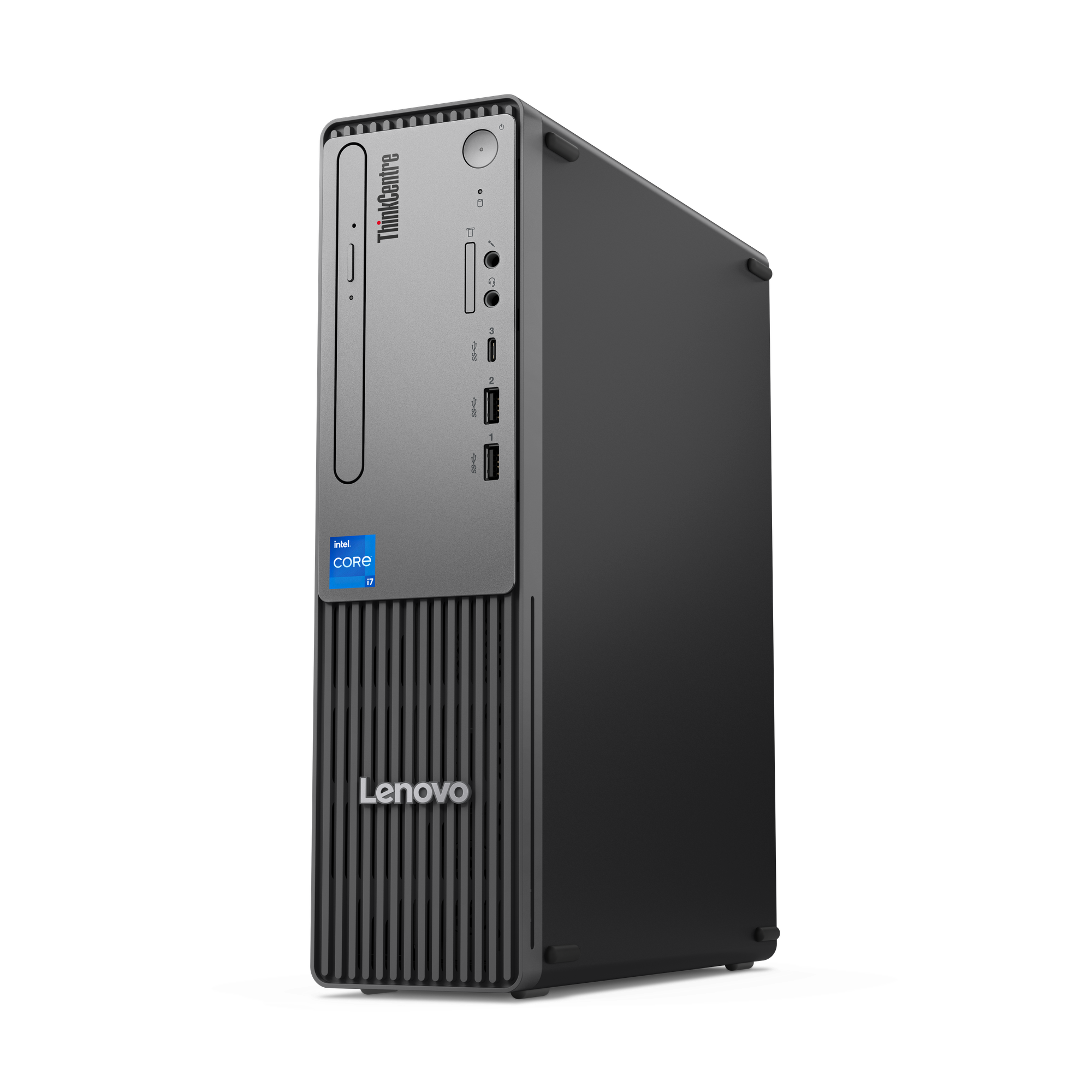 Srebrny komputer Lenovo ThinkCentre z naklejką Intel Core i7.
