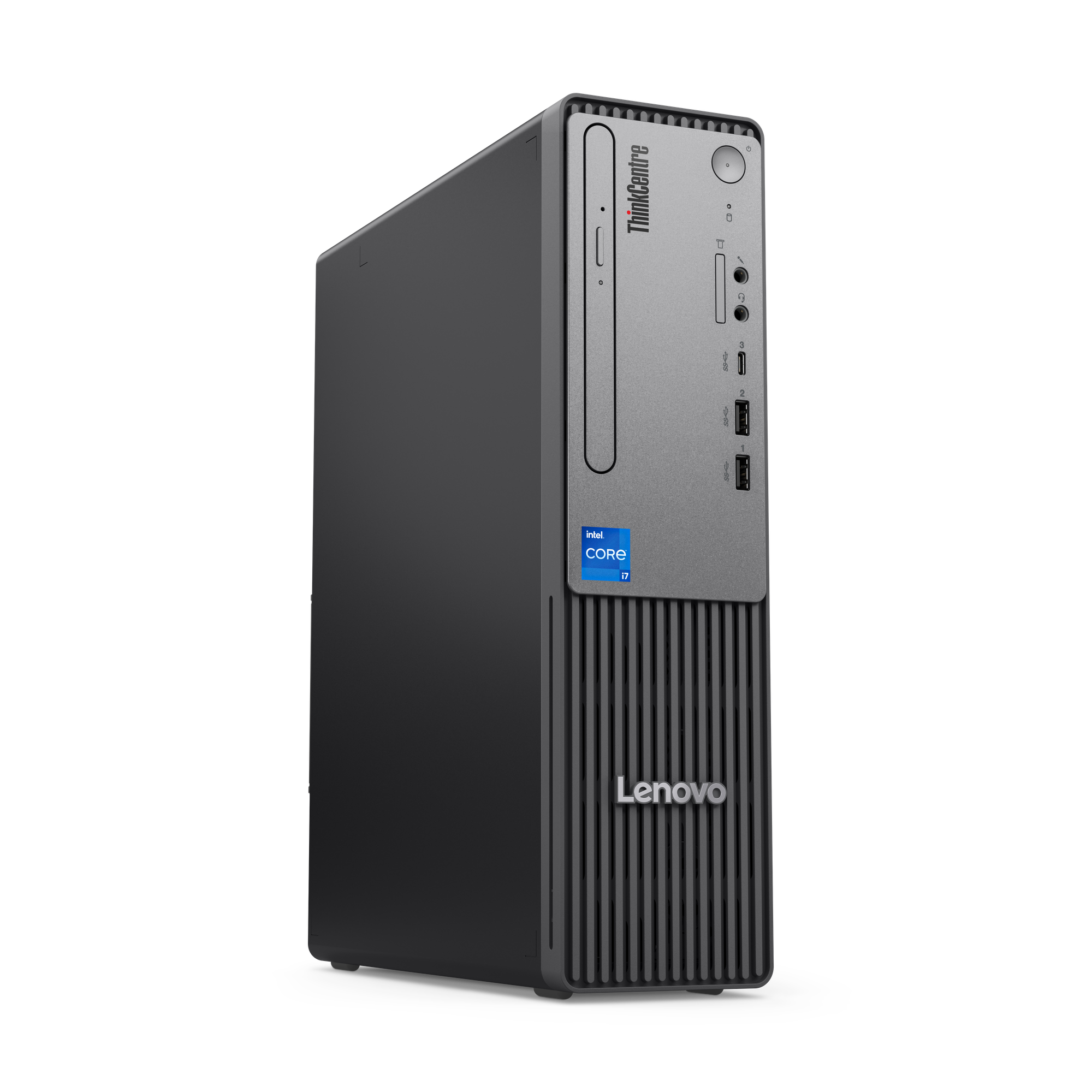 Szary komputer Lenovo ThinkCentre z naklejką Intel Core i7, czarną obudową i otworami wentylacyjnymi.