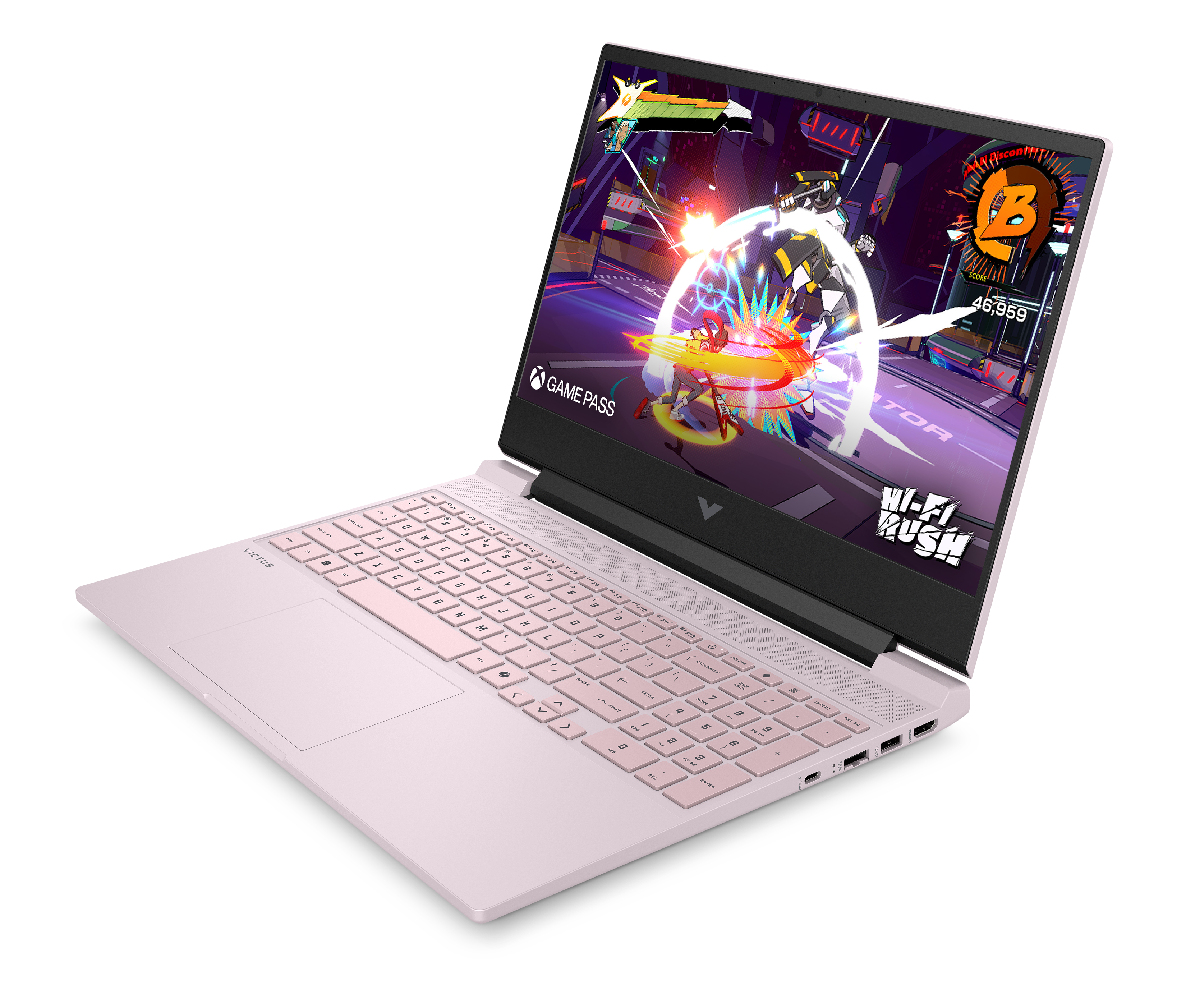 Różowy laptop wyświetlający grę z żywą akcją i postaciami.