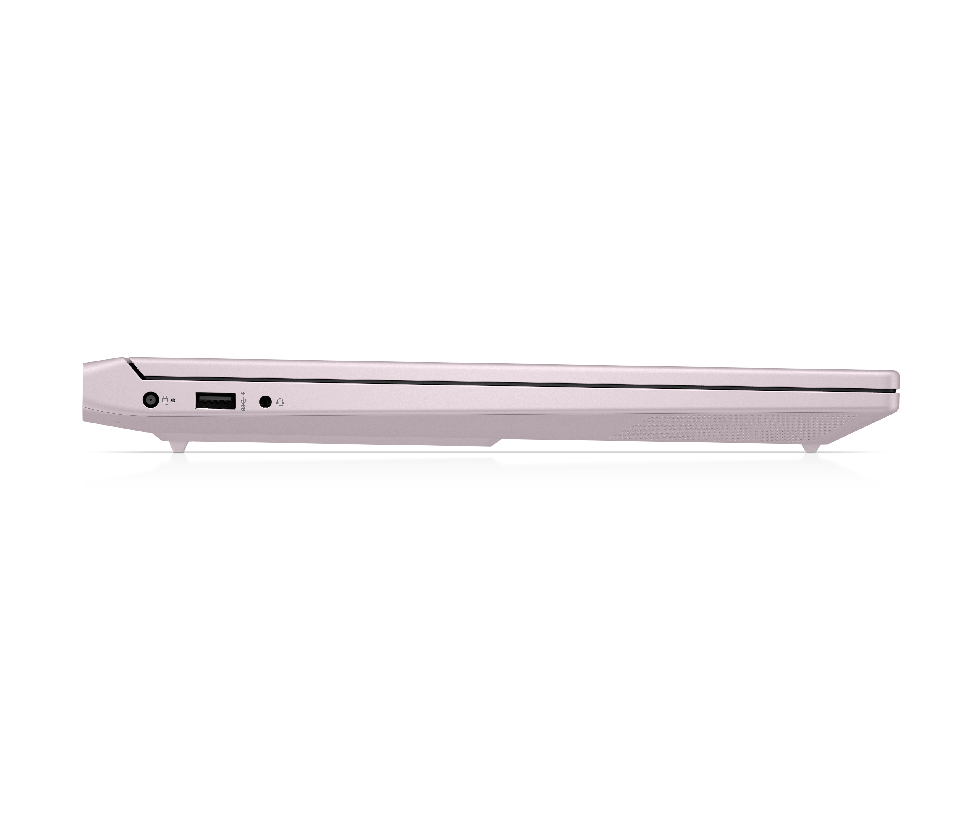 Jasnoróżowy profil laptopa z portami USB, audio i zasilania.