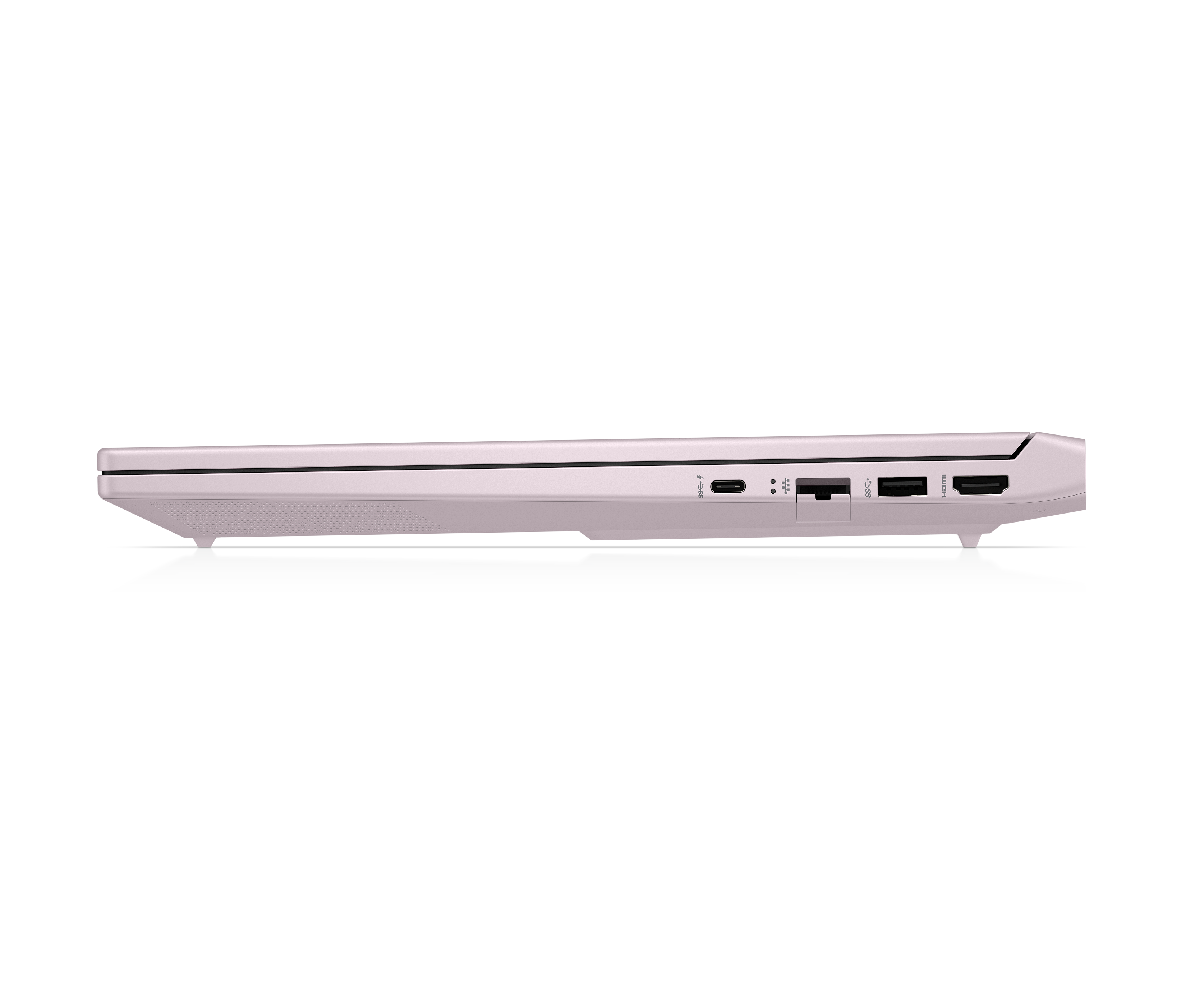 Bok różowego laptopa z portami USB-C, USB-A i HDMI.
