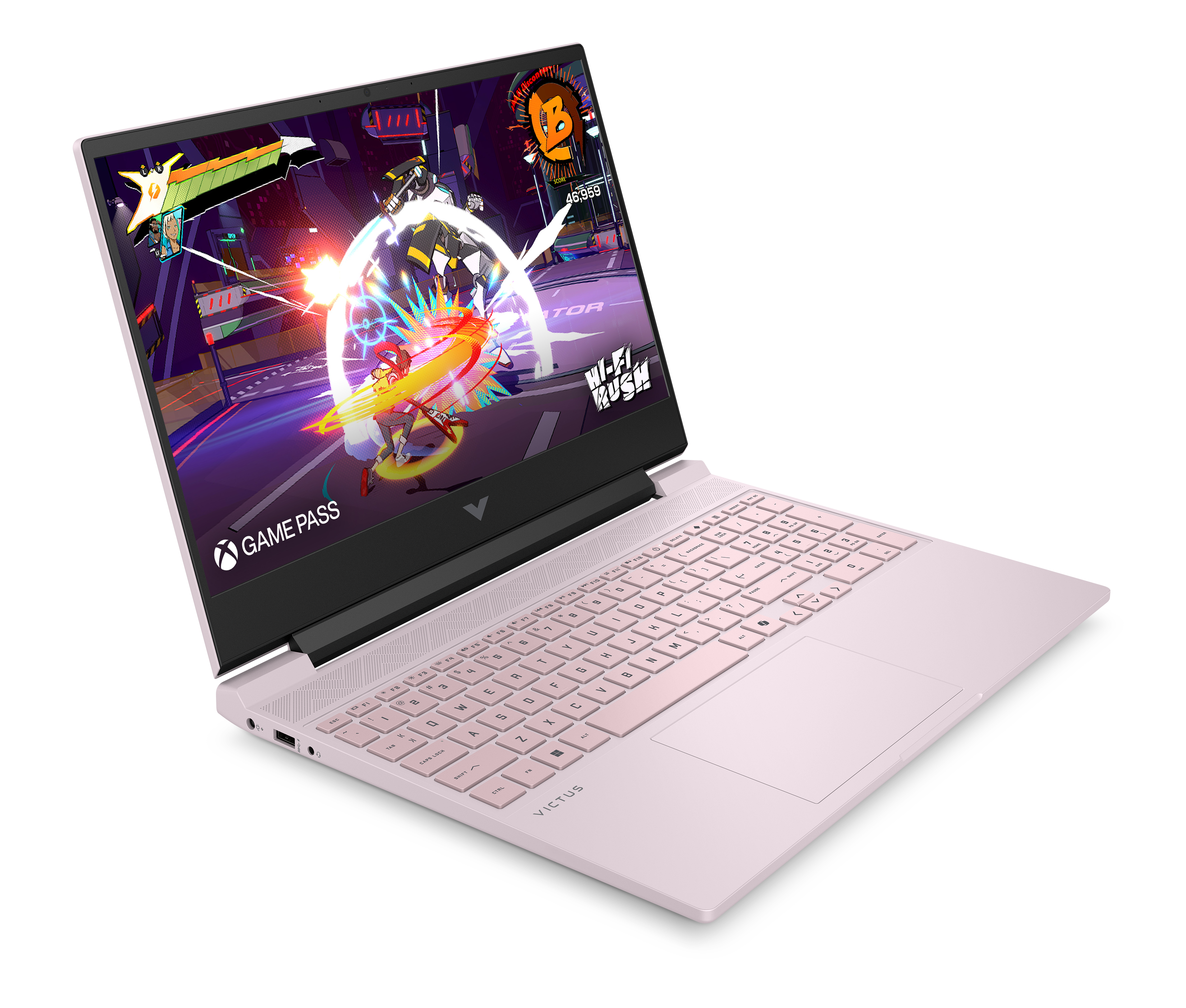 Różowy laptop wyświetla grę "Hi-Fi Rush" z banerem Xbox Game Pass.
