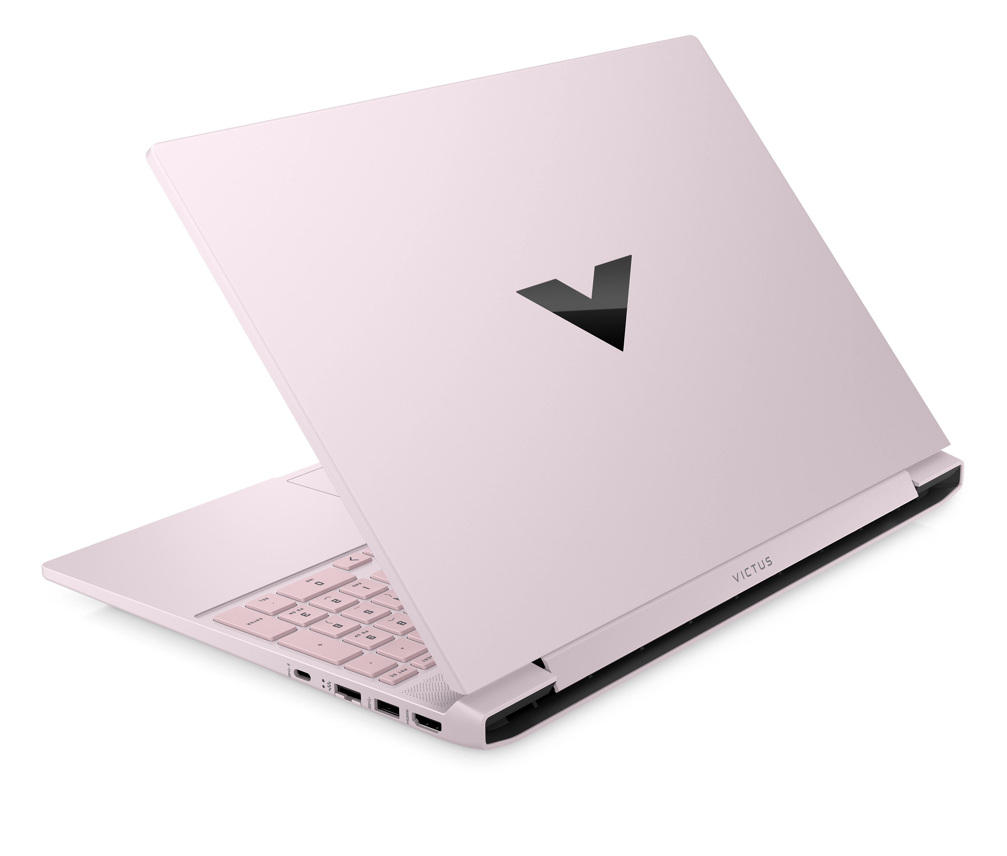 Jasnoróżowy laptop Victus z czarnym logo V.