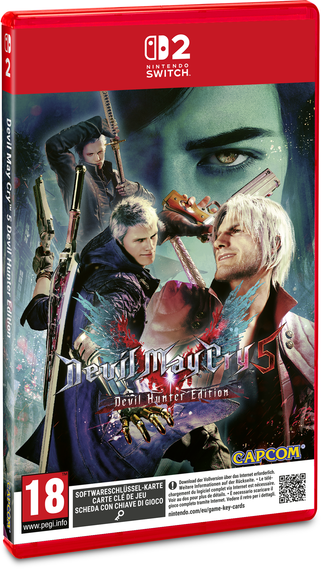 Nintendo Switch Hülle: Devil May Cry 5 mit drei Charakteren, Waffen und dem Nintendo Switch Logo.