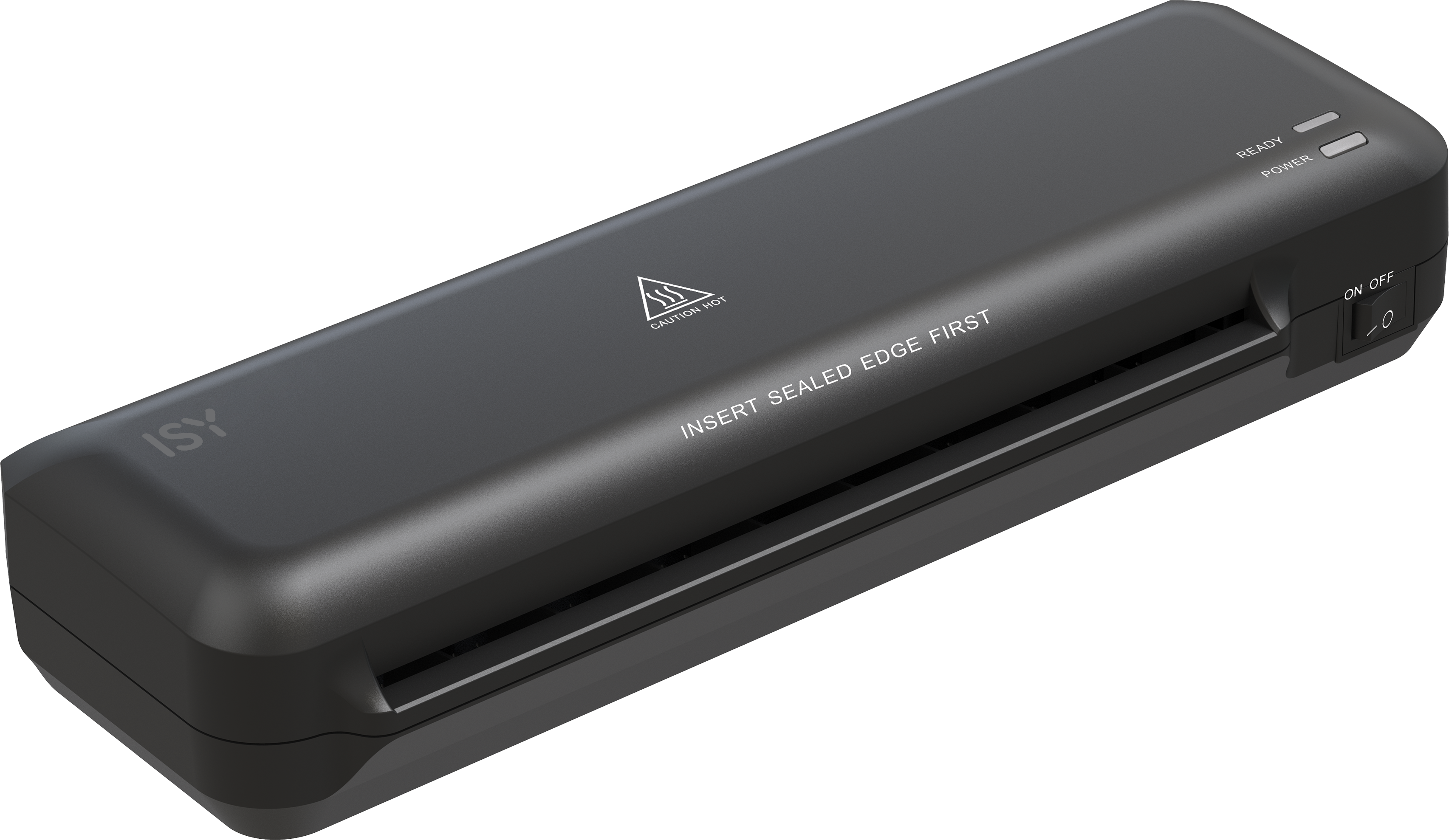 Ein schwarzer Aktenlaminator mit "Power" und "Ready" Lichtern.