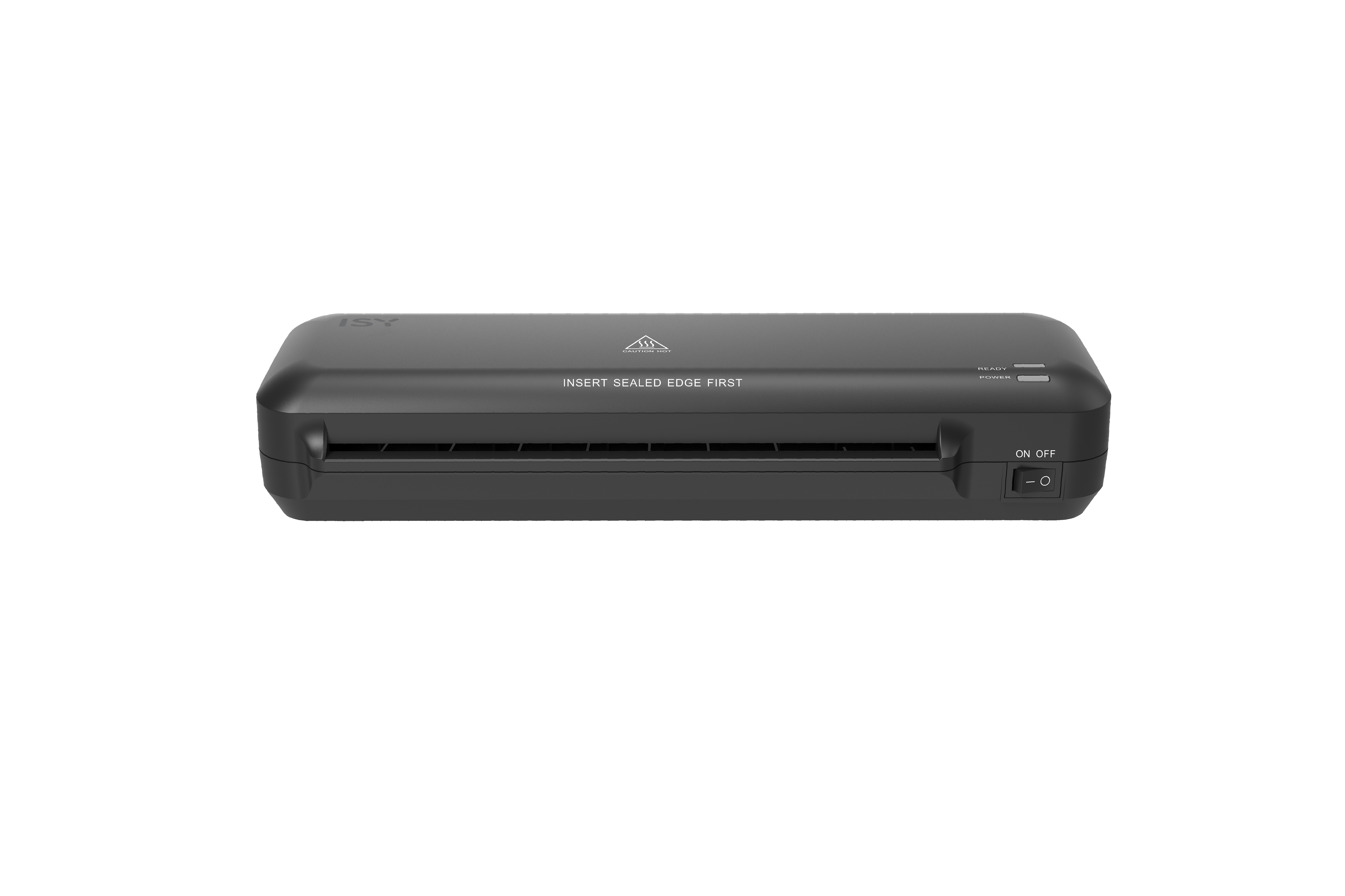 Ein schwarzer Laminator mit Warnsymbol, "INSERT SEALED EDGE FIRST" und Einschaltknopf.
