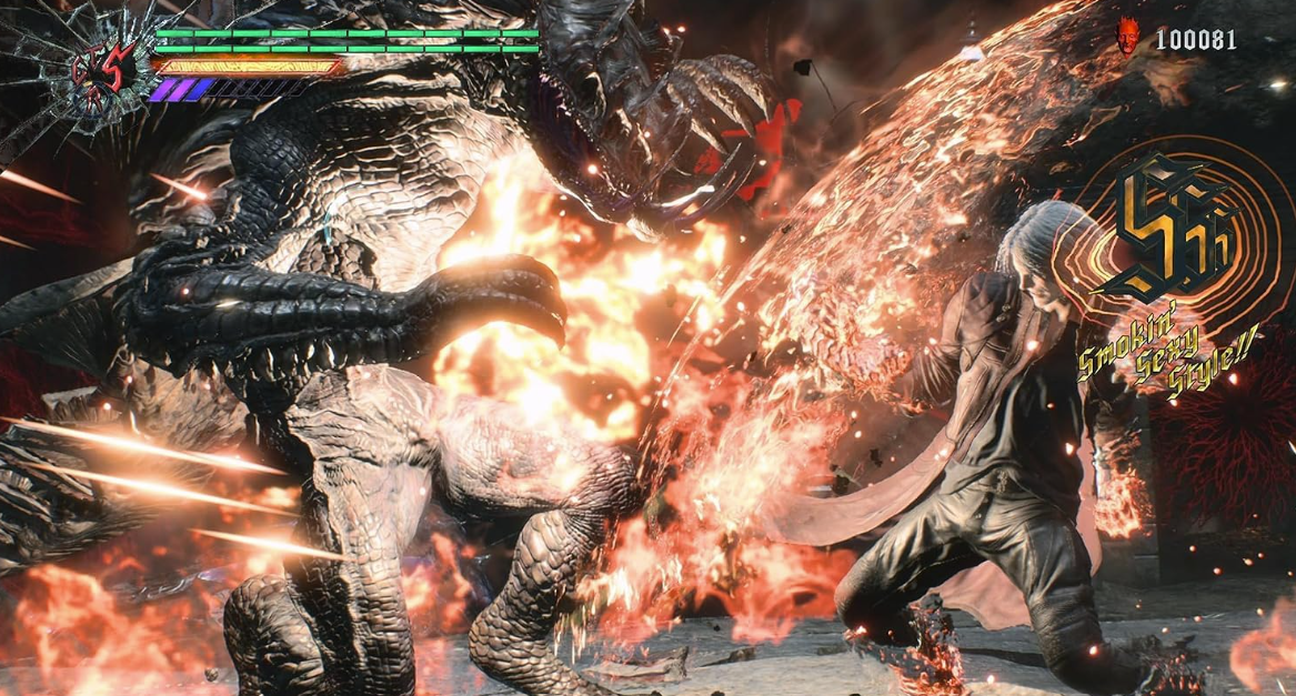 Ein Mann in Lederkleidung kämpft gegen ein feuerspeiendes Monster.