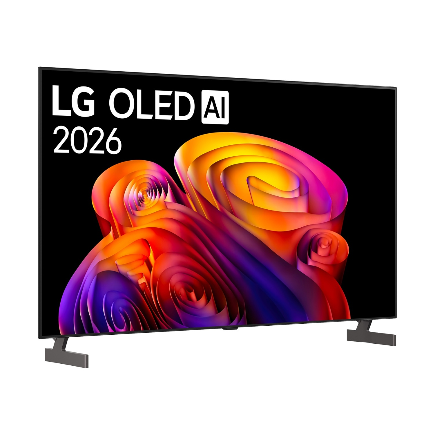 Una TV LG OLED AI con immagine astratta vibrante su schermo nero e piedistallo.
