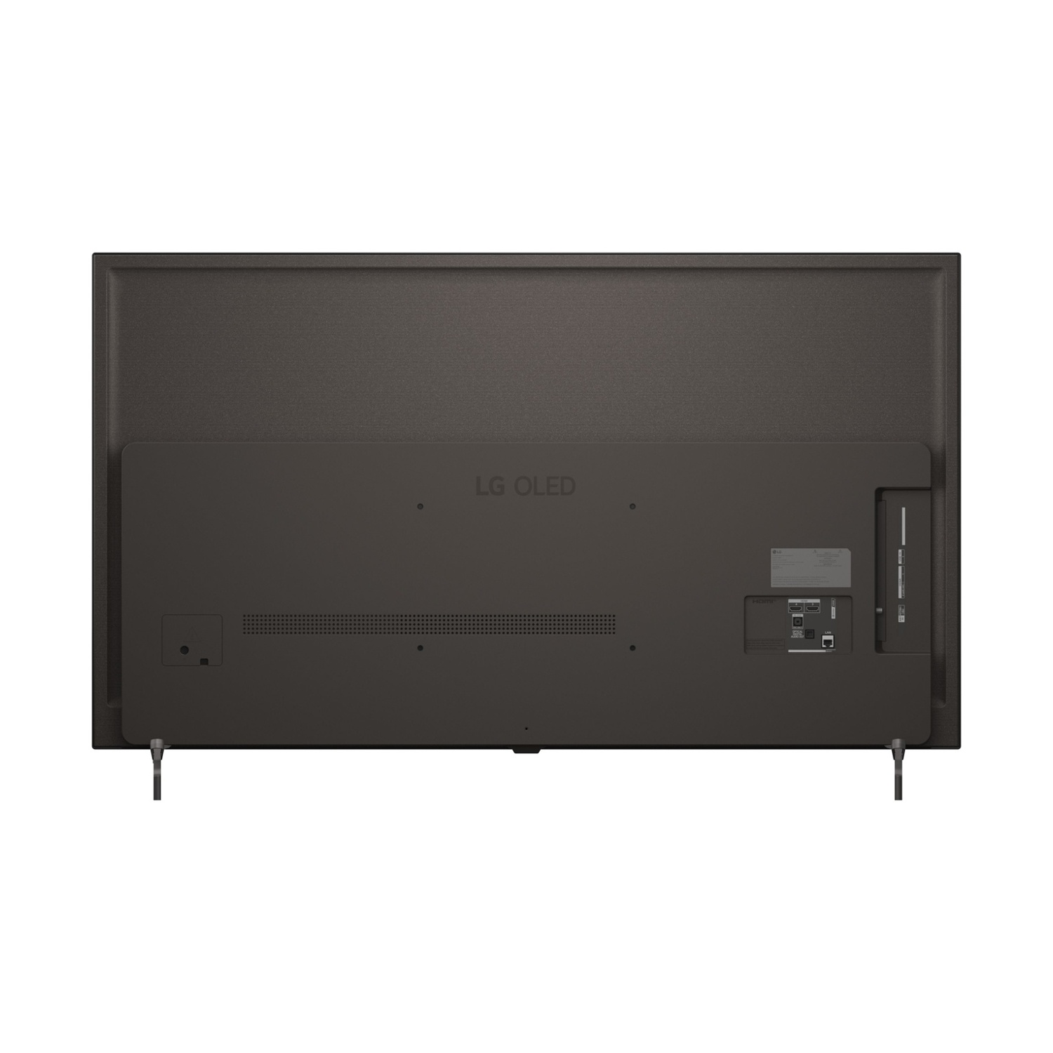 Retro di una TV LG OLED scura con porte e gambe di supporto visibili.