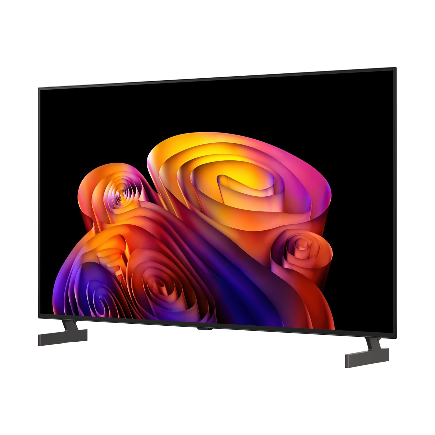 Una moderna TV a schermo piatto mostra forme astratte e colorate vorticose su sfondo nero.