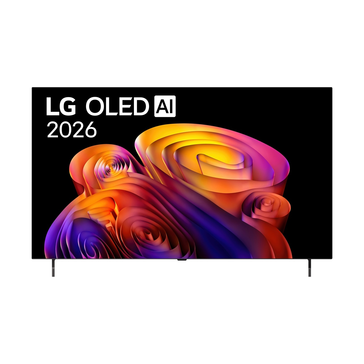 TV LG OLED AI 2026 con un vortice astratto vibrante di colori arancioni, gialli e viola.